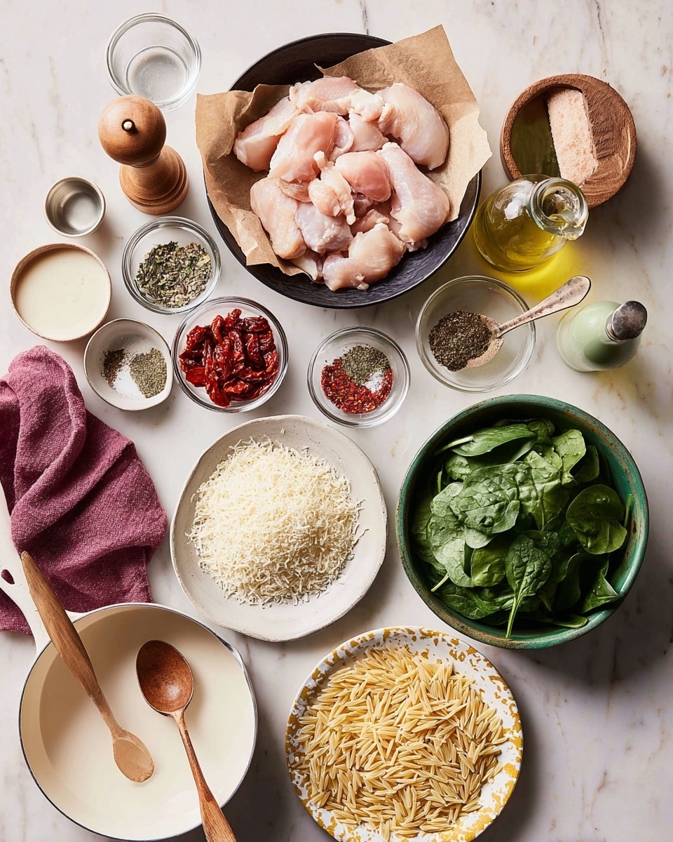The image shows an arrangement of cooking ingredients on a white marbled surface. In the center, a dark bowl holds raw chicken pieces on brown paper. To the right, a wooden bowl is filled with fresh green spinach leaves. Below it, a green bowl contains uncooked orzo pasta, placed on a white plate with a yellowish pattern. At the bottom left, a white pan has a wooden spoon resting inside with a purple cloth nearby. Above the pan, a white plate holds a heap of finely grated cheese with a spoon. To the left of the chicken, a clear glass bowl has sun-dried tomatoes with a wooden spoon inside. Above these, three small bowls each hold different spices: black pepper, dried herbs, and red paprika, alongside a wooden pepper grinder. At top left, a small glass jug contains cream, and a green bottle of olive oil sits below it. Small garlic cloves rest in a small white bowl near the chicken, and a clear jar of broth is on the right side. Photo taken with an iphone --ar 4:5 --v 7