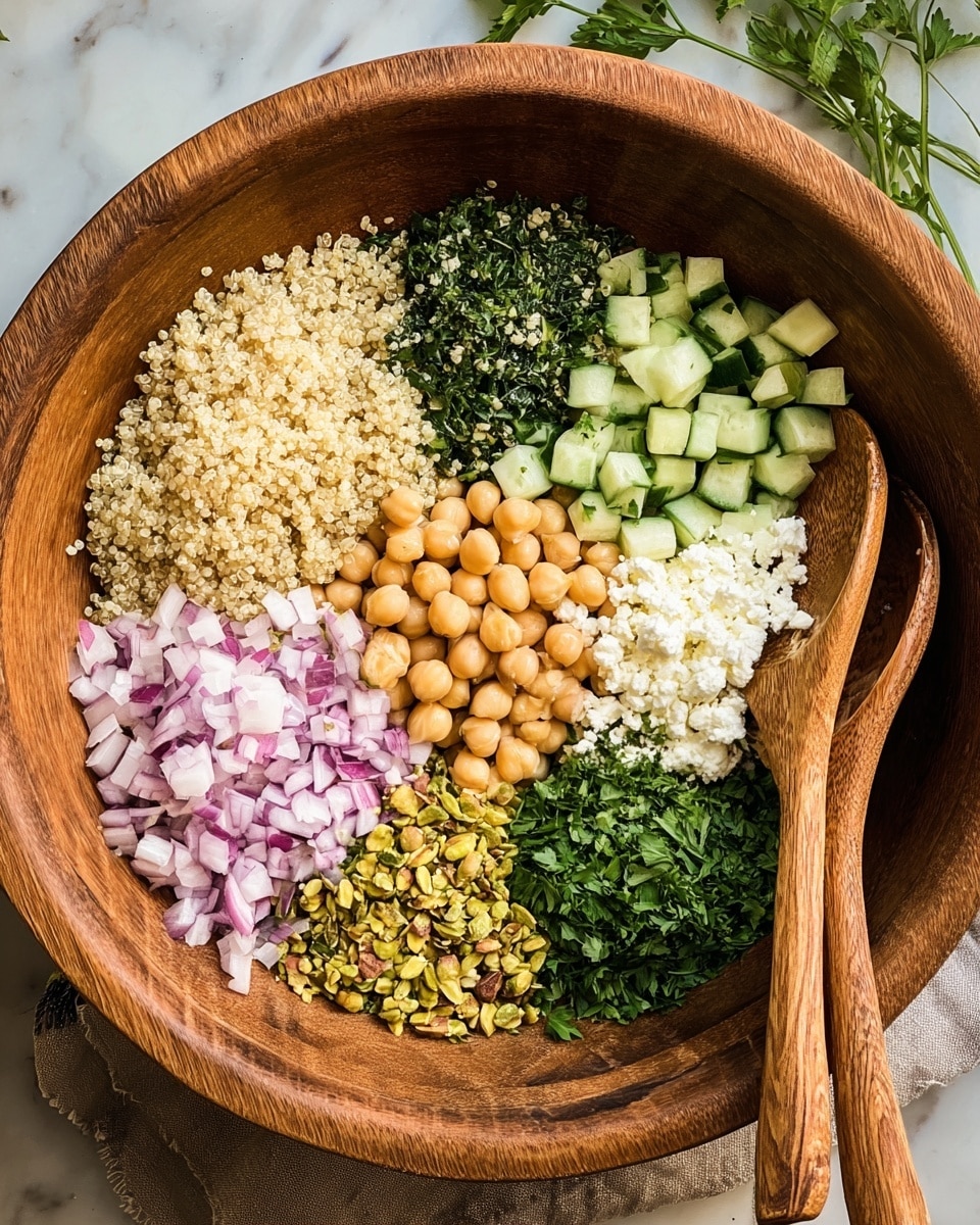 A large wooden bowl sits on a white marbled surface, filled with seven distinct ingredients arranged neatly in separate sections. Starting from the top left and moving clockwise, there is a fluffy beige layer of cooked quinoa, a pile of finely chopped dark green herbs, a heap of small, light green diced cucumbers, a section of finely chopped light purple onions, a bunch of bright green parsley, a small pile of white crumbly cheese, and crushed golden brown pistachios. In the center, a cluster of round, tan chickpeas forms the core of the dish. Each ingredient's texture varies, from soft quinoa to crunchy pistachios, creating a colorful and fresh look. Two wooden spoons are placed to the right of the bowl. photo taken with an iphone --ar 4:5 --v 7
