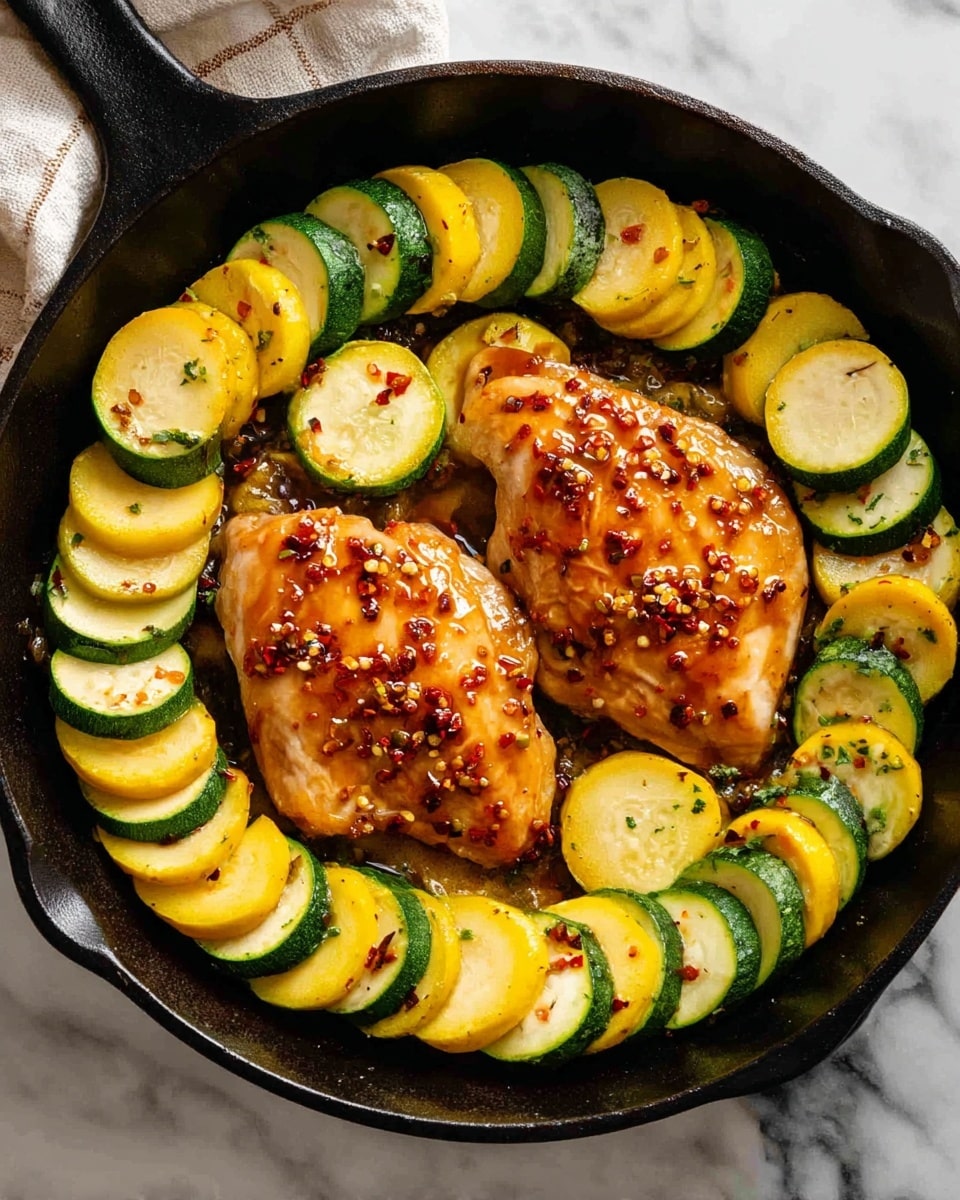 A cast iron pan filled with two cooked chicken pieces placed in the center, each covered with a reddish glaze and small chili flakes. Around the chicken, there are slices of green zucchini and yellow squash arranged in a ring, alternating between the two, showing a mixture of light green and pale yellow colors with some browned spots from cooking. The background is a white marbled texture. photo taken with an iphone --ar 4:5 --v 7