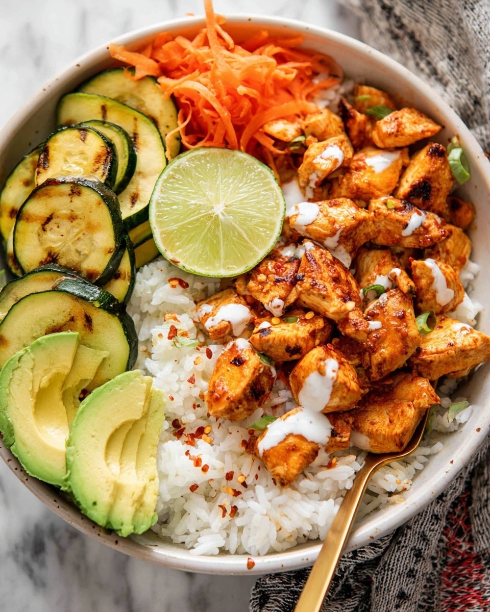 The dish is in a white bowl on a white marbled surface and has five main layers. At the bottom, there is a layer of white rice. Above the rice, there are grilled yellow and green zucchini slices on the left side. Next to the zucchini, there is shredded orange carrot forming a small pile behind a wedge of lime. In the center and right side, there are many pieces of orange-colored cooked chicken with red chili flakes and white sauce drizzled over them. At the bottom left are three slices of avocado in light green color. A gold spoon rests on the carrot and lime slice. Photo taken with an iphone --ar 4:5 --v 7