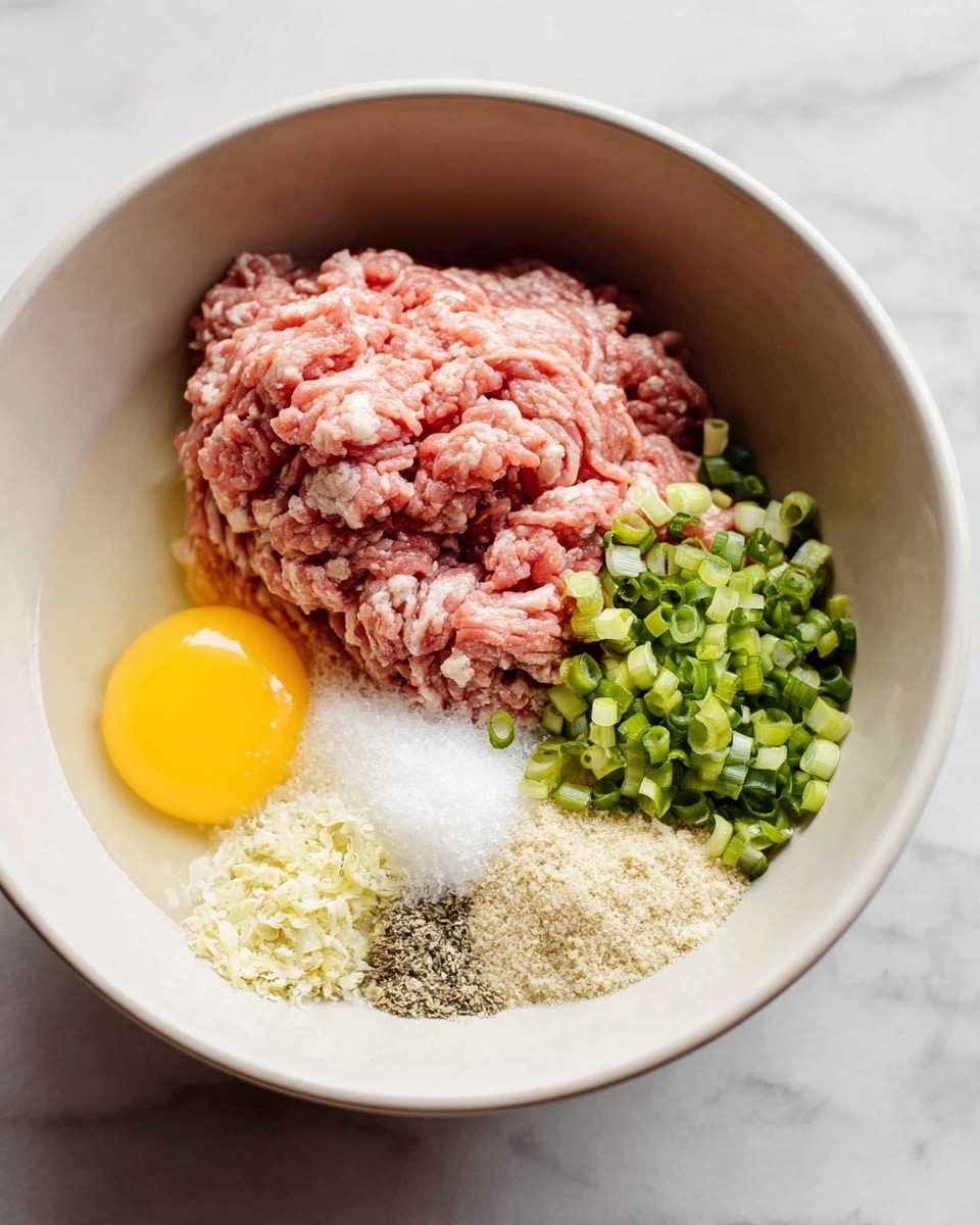 Inside a white bowl, there is a mix of ingredients layered with raw ground meat on top, showing a soft pink and light red color with a stringy texture. To the left of the meat, a raw egg with a bright yellow yolk and clear egg white sits in the bowl. Around the meat and egg, finely chopped green onions with small, fresh green and white pieces are placed on the right side. Near the bottom are small piles of white salt, black pepper with a grainy look, minced or grated white garlic, light brown ground spices, and a white powder that could be breadcrumbs, all resting side by side on the bowl’s bottom. The bowl is set against a white marbled surface. Photo taken with an iphone --ar 4:5 --v 7