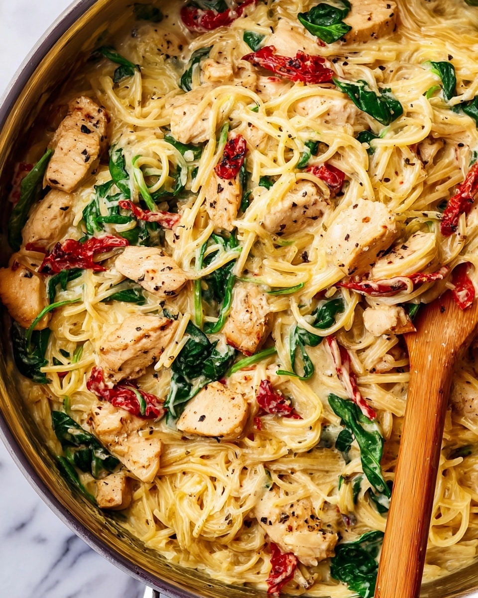 The image shows a creamy pasta dish with three main layers: at the base, light yellow cooked noodles that are soft and slightly glossy from the sauce; scattered throughout the noodles are chunks of grilled light golden brown chicken pieces with some black pepper specks, plus wilted dark green spinach leaves adding a fresh texture; bright red sun-dried tomatoes are mixed in, adding bursts of color against the creamy sauce that coats everything evenly. A wooden spoon is partially visible on the right side, stirring the ingredients. The dish is presented on a white marbled surface. photo taken with an iphone --ar 4:5 --v 7