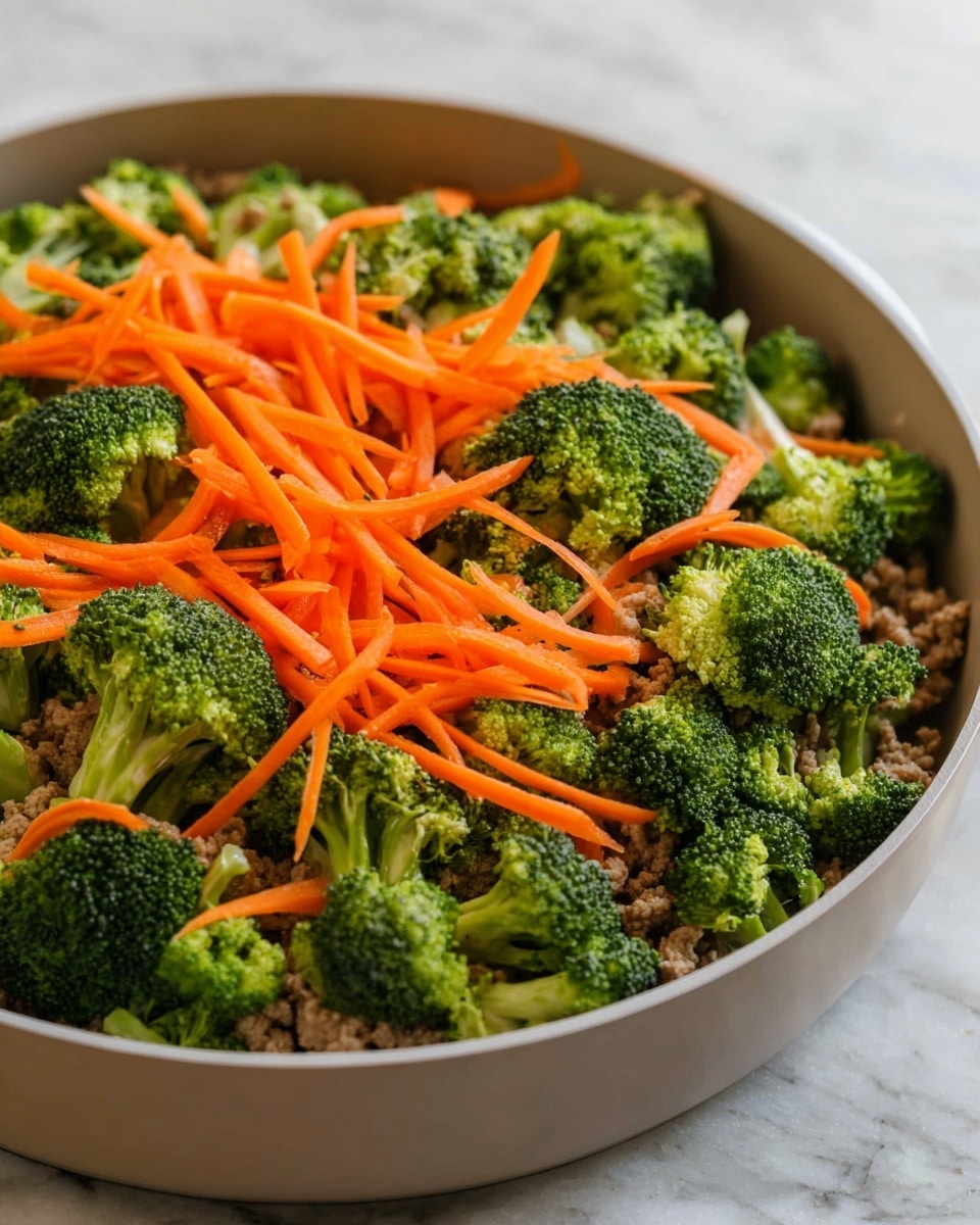 A close-up of a dish in a white deep bowl, showing three clear layers. The bottom layer is light brown ground meat, appearing crumbly and cooked. The middle layer is fresh bright green broccoli florets, spread evenly over the meat. The top layer is thin, long orange carrot sticks scattered loosely over the broccoli. The bowl is placed on a white marbled surface. Photo taken with an iphone --ar 4:5 --v 7