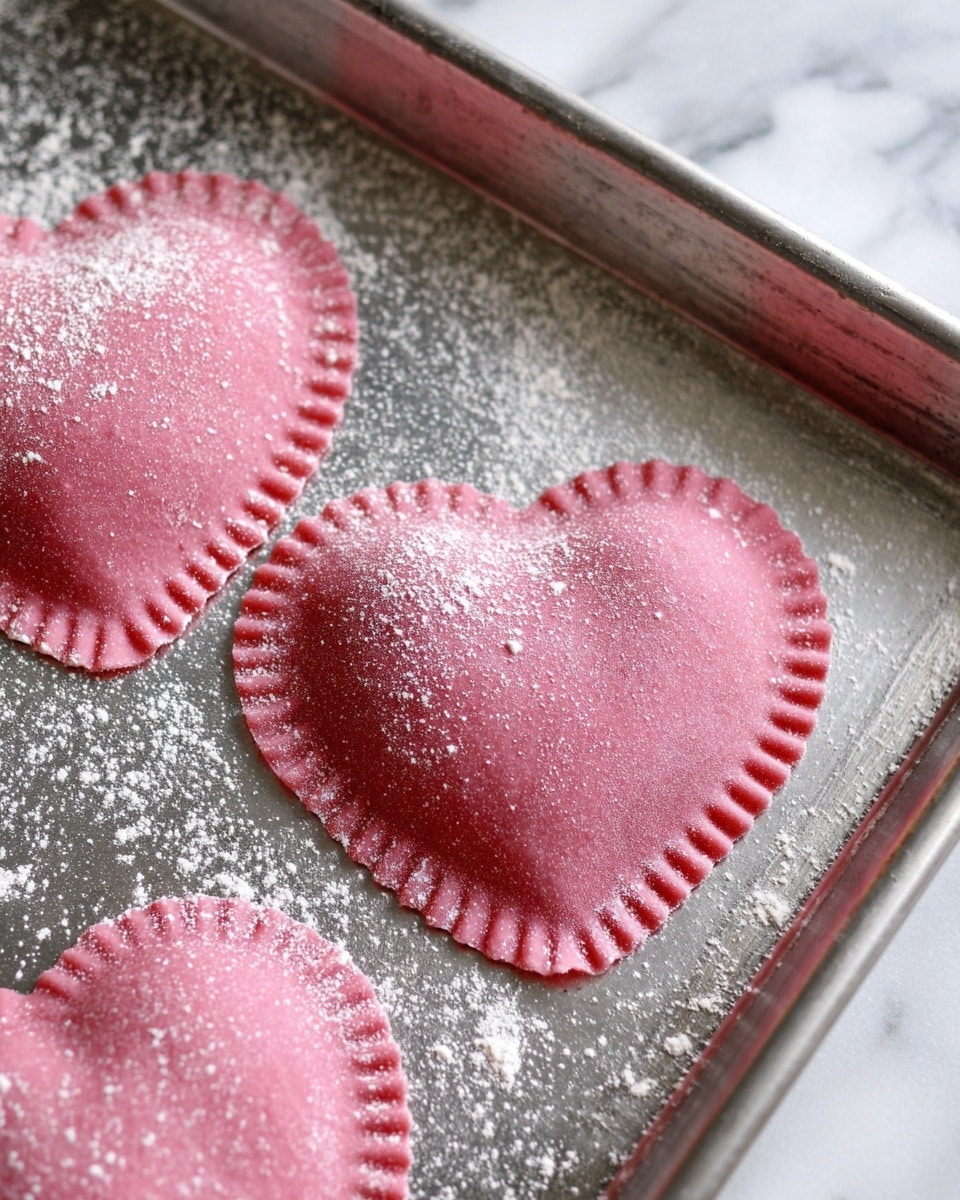 The image shows three heart-shaped pink ravioli placed on a metal baking tray. Each ravioli has a ridged edge design and a smooth, slightly glossy surface with a dusting of white flour scattered over both the ravioli and tray. The tray rests on a white marbled surface, which adds a clean and bright background contrast to the vivid pink pasta. The flour dusting is uneven, creating a light texture around the ravioli. Photo taken with an iphone --ar 4:5 --v 7