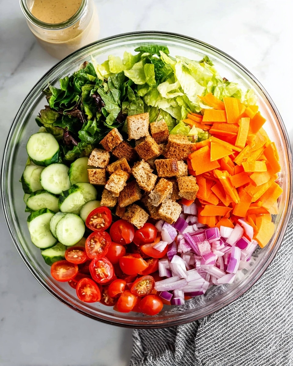 A clear glass bowl is filled with six distinct layers of salad ingredients neatly arranged in sections. Starting from the top left and moving clockwise, there are dark green chopped romaine lettuce leaves, thick slices of cucumber with a bright green skin and pale green inside, a mound of shredded orange carrots, halved red grape tomatoes showing their juicy inside, small pieces of chopped purple onion, and crispy brown and golden croutons resting on top of the lettuce. The bowl sits on a white marbled surface, with a small jar of dressing nearby at the top left corner, and a gray-striped cloth partially visible to the bottom right. Photo taken with an iphone --ar 4:5 --v 7