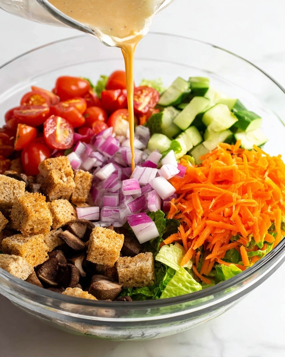 A clear glass bowl holds a fresh salad with five visible layers: on the bottom left are light and dark brown croutons with a rough texture; above them are dark brown pieces of cooked mushrooms; next to mushrooms are small cubes of purple and white red onion; above onions are bright red halved cherry tomatoes; to the right of the tomatoes is a pile of shredded orange carrots; near the center top are sliced cucumber pieces showing bright green skin and pale green inside; and to the left of cucumbers are chopped green Romaine lettuce leaves. From above, a light brown creamy dressing is poured onto the salad. The bowl is set on a white marbled surface. photo taken with an iphone --ar 4:5 --v 7