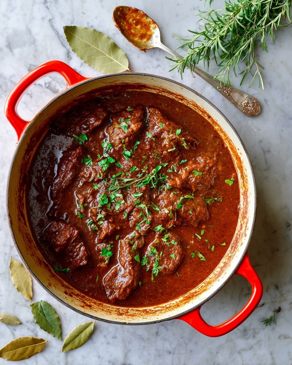 A round red pot with two handles contains a thick dark brown stew with visible chunks of meat submerged in the rich sauce, garnished with finely chopped green herbs on top. The pot has a light interior stained by the stew. Around the pot are fresh green herb sprigs, three brown bay leaves, and a white spoon with some of the stew sauce on it. All items are placed on a white marbled surface. Photo taken with an iphone --ar 4:5 --v 7