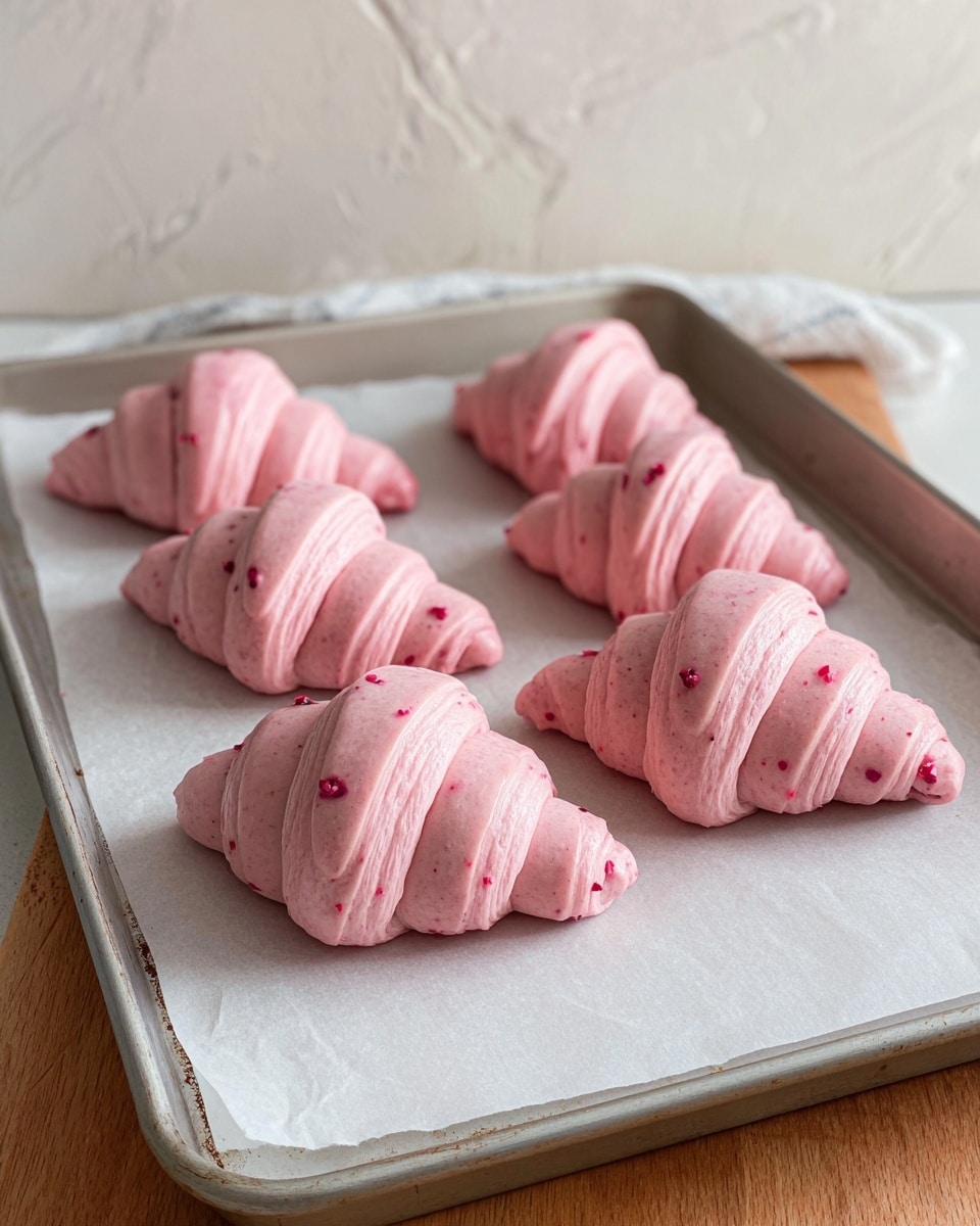 The image shows six uncooked pink croissants placed on white parchment paper on a metal baking tray. Each croissant has several visible layers, tightly rolled and showing a smooth texture with small red spots scattered through the dough. The croissants are arranged in two rows of three on the tray, which sits on a wooden table with a white marbled background wall. The lighting is soft, enhancing the pastel pink color of the dough. photo taken with an iphone --ar 4:5 --v 7