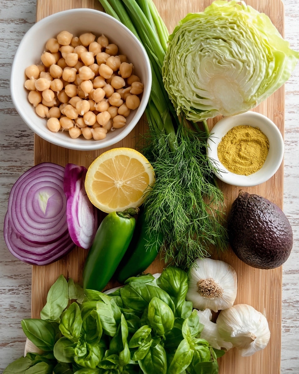 The image shows a wooden board with fresh ingredients neatly arranged, featuring a large white bowl filled with pale beige chickpeas in the bottom left corner. Above it is a small pile of bright green basil leaves spread along the right side. To the upper right of the basil is a small white bowl filled with fine yellow powder. Next to it is a whole dark brown avocado and three white garlic cloves. A green jalapeño lies between the avocado and a bunch of delicate feathery dill in the center. Above the dill is a half lemon with vibrant yellow flesh facing forward. To the left of the lemon is a partially sliced green cucumber standing upright, with a large wedge of pale green cabbage at the top. A few long green onions rest along the left edge, and slices of purple onion are tucked near the chickpeas and dill. The whole setup sits on a white marbled textured surface photo taken with an iphone --ar 4:5 --v 7