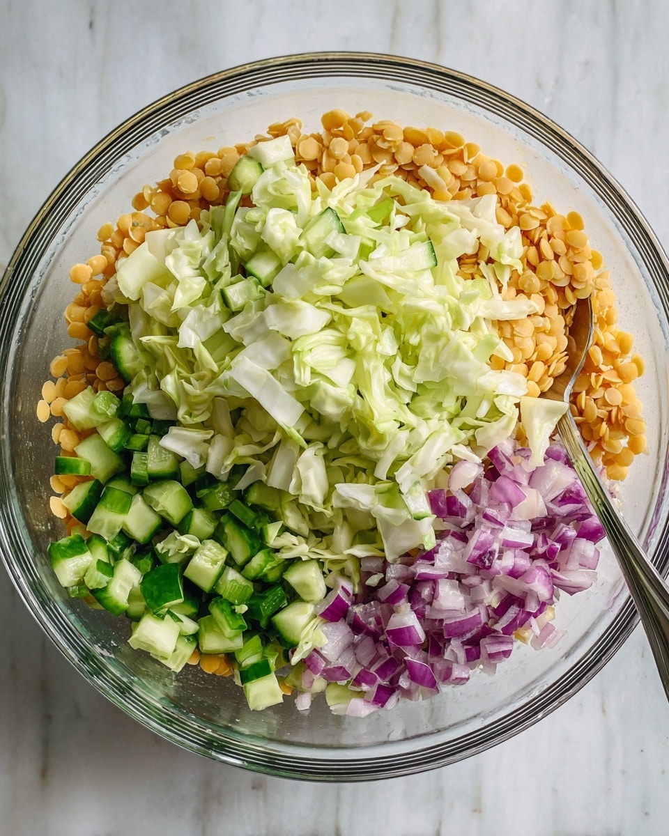 The image shows a clear glass bowl with four main layers of ingredients. The bottom layer is split yellow lentils, soft and broken apart, covering half the bowl's base. Above on one side is a large pile of light green chopped cabbage with a slightly leafy texture. On the left side near the cabbage, there are pieces of chopped cucumber, bright green with some white parts visible. Next to the cucumber on the right, there is a mix of small purple onion pieces and finely chopped green peppers. The bowl sits on a white marbled surface and a metal spoon rests on the right side inside the bowl. Photo taken with an iphone --ar 4:5 --v 7