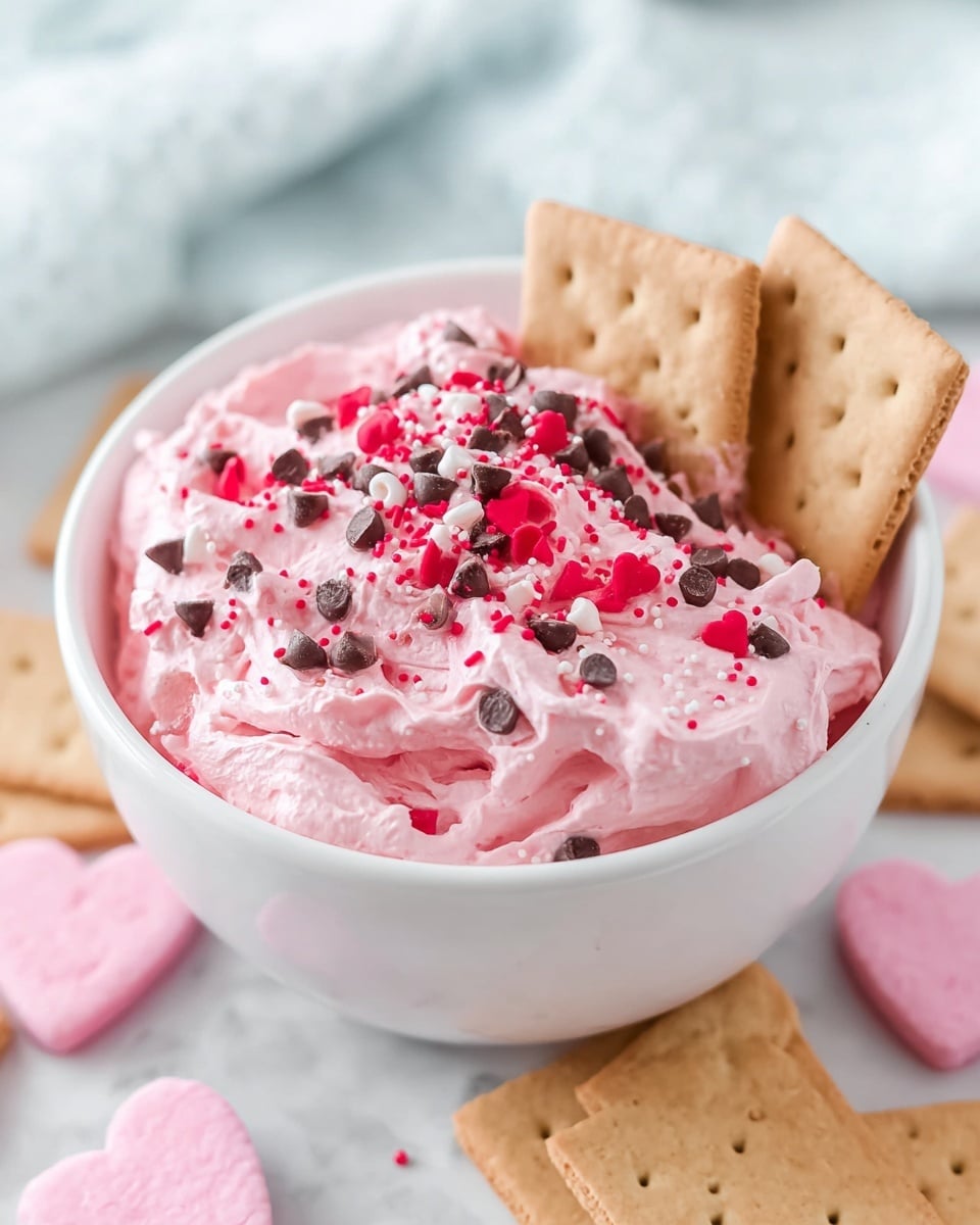 A white bowl filled with fluffy pink cream that has small dark chocolate chips and red heart-shaped sprinkles mixed in and scattered on top. Two light brown rectangular crackers stand upright inside the cream near the side of the bowl. Around the bowl, there are more light brown crackers flat on the surface and stacked pink wafer pieces. The bowl sits on a white marbled surface with soft white and light blue cloths blurred in the background. Photo taken with an iphone --ar 4:5 --v 7