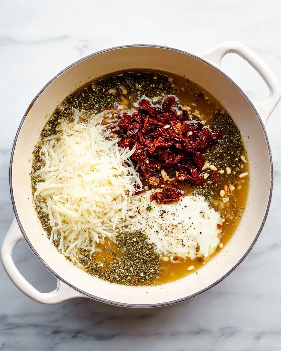 A white pan with two handles is placed on a white marbled surface. Inside the pan, several ingredients form visible layers: a large pool of light brown liquid fills the bottom, mixed with green dried herbs sprinkled around the edges. On top of the liquid, there is a pile of shredded white cheese to the left, a mound of dark red chopped sun-dried tomatoes with bits of nuts on the right, and a smaller patch of white creamy sauce sits above the cheese and tomatoes. Some black pepper is sprinkled between the cheese and sauce layers. The ingredients are unmixed, showing clear separation. Photo taken with an iphone --ar 4:5 --v 7