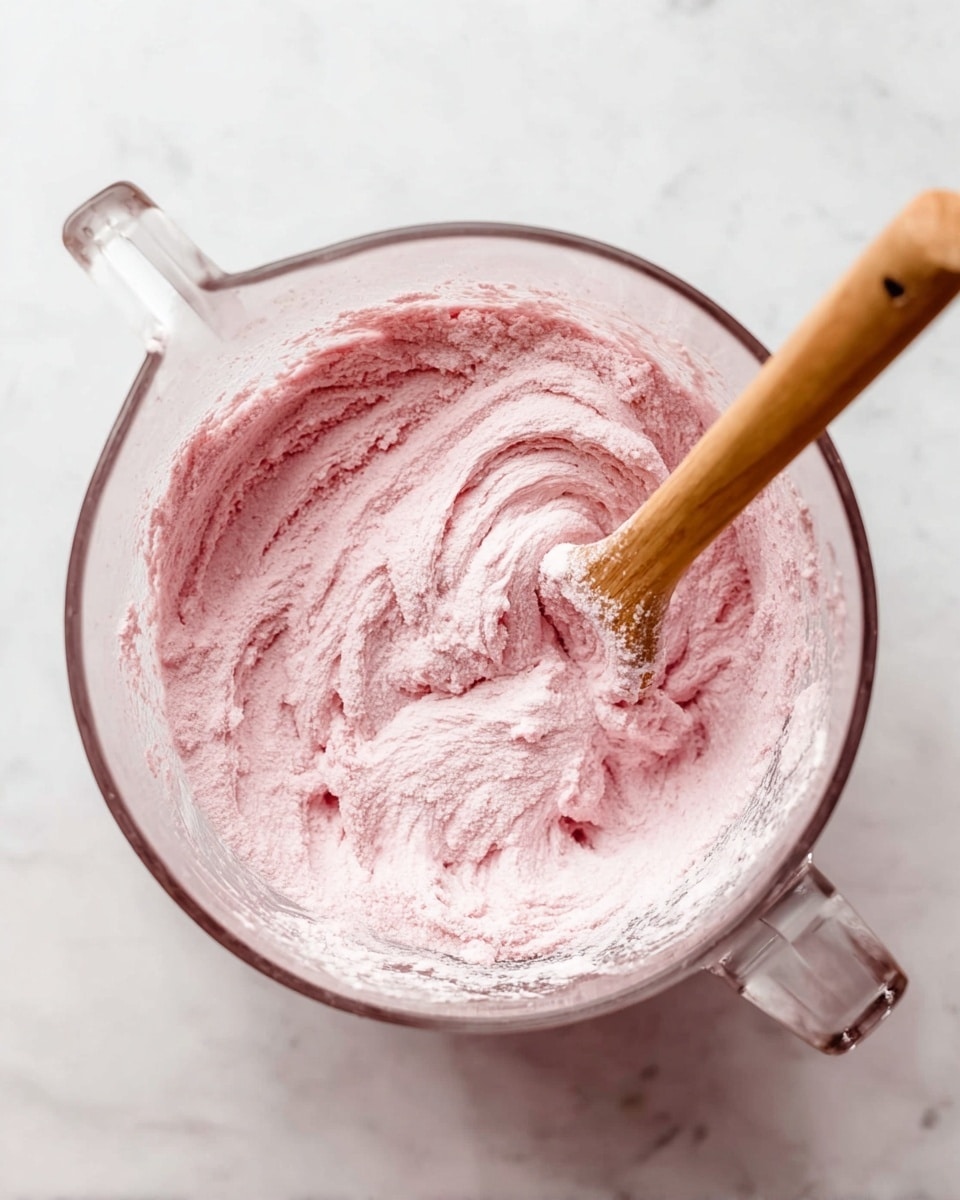 A clear glass mixing bowl sits on a white marbled surface, filled with a light pink, fluffy mixture that has a powdery texture with visible swirls and a slightly uneven surface. A wooden spoon is partially dipped into the mixture, leaning to the right side of the bowl, stirring or folding the contents gently. The bowl has a spout at the front and a handle at the back, with some mixture lightly clinging to the inner sides of the bowl. photo taken with an iphone --ar 4:5 --v 7