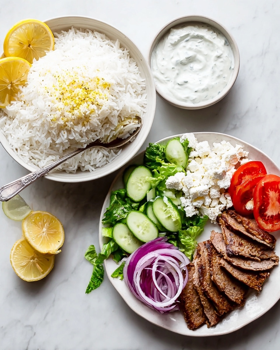 The image shows three white dishes placed on a white marbled surface. On the left is a white bowl filled with fluffy white rice topped with a light sprinkle of yellow seasoning and two lemon slices on the side, with a spoon placed inside. In the center, there is a small white bowl of creamy white yogurt sauce with a spoon in it. On the right, a white plate holds layered slices of brown grilled meat arranged in a fan shape on one side, next to fresh green lettuce leaves, bright red tomato wedges, thinly sliced purple onions, round cucumber slices, and white crumbled cheese, all neatly separated in sections. Photo taken with an iphone --ar 4:5 --v 7