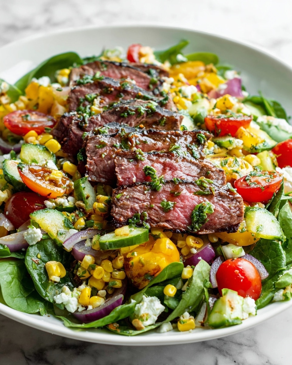 A white plate sits on a white marbled surface filled with a colorful layered salad. The bottom layer is fresh green spinach leaves mixed with sliced cucumbers, red onion, and grilled yellow corn pieces with slight browning. Cherry tomatoes, both red and yellow, are scattered throughout, adding bursts of vibrant color. On top, there is a layer of medium-rare sliced steak with a pink center and juicy, browned edges, drizzled with chopped green herbs. Small bits of white cheese and more herbs are sprinkled over the whole dish, creating a fresh and bright look. photo taken with an iphone --ar 4:5 --v 7