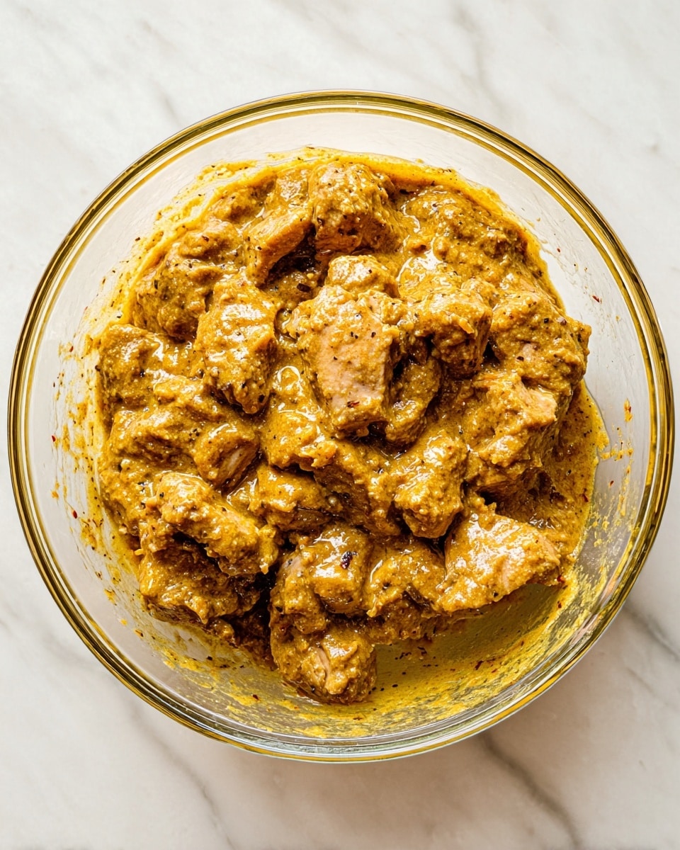 A clear glass bowl sits on a white marbled surface, filled with chunky pieces of light beige meat covered in a thick, yellowish-brown creamy sauce that has visible specks of spices and herbs. The sauce clings closely to the meat pieces, giving them a textured, rich look. The bowl is about three-quarters full, and the sauce is spread evenly around the meat, with some coating the sides of the bowl. Photo taken with an iphone --ar 4:5 --v 7