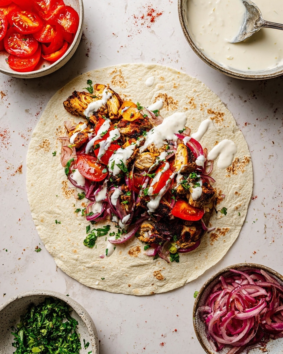 The image shows an open flat white tortilla on a white marbled surface with several layers in the center. The first layer is grilled, golden-brown pieces of seasoned chicken. On top of the chicken, there are slices of red tomato and thin strips of purple onion, mixed with bright red pickled peppers. Fresh green chopped herbs are scattered over the layers. A spoon is pouring creamy white sauce over everything. Around the tortilla, there are small white bowls holding extra sliced tomatoes, onion with herbs, chopped red pickled peppers, and more creamy sauce. Photo taken with an iphone --ar 4:5 --v 7