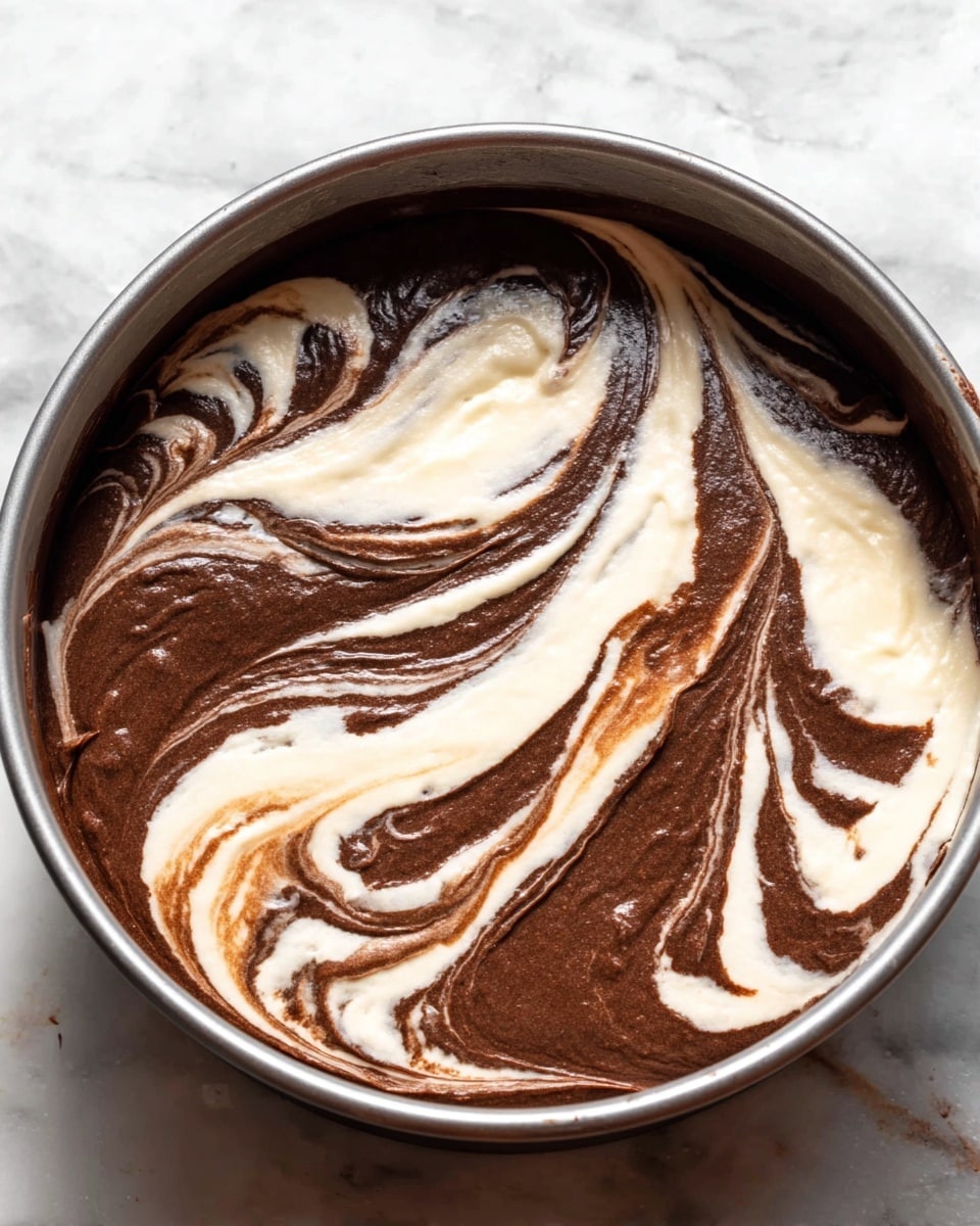 The image shows a close-up of a round cake pan filled with swirled batter, made of two colors and textures. The bottom layer and parts of the top consist of smooth, dark brown chocolate batter, while a creamy white batter is partially mixed in, creating a marbled effect. The batter’s surface looks glossy with flowing, wave-like patterns blending the two colors. The cake pan has a metallic color and is placed on a white marbled surface. photo taken with an iphone --ar 4:5 --v 7