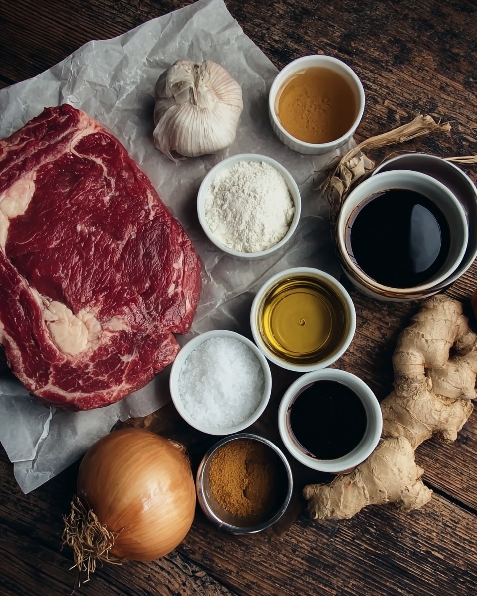 A fresh piece of raw red meat with white marbling lies on a white parchment sheet, surrounded by small white bowls filled with white powder, dark brown and black sauces, and small metal containers holding golden and clear oils. Natural garlic bulbs, light brown ginger root, and a yellow onion are placed around the bowls. The items rest on a dark wooden surface contrasting with the bright colors of the ingredients. photo taken with an iphone --ar 4:5 --v 7
