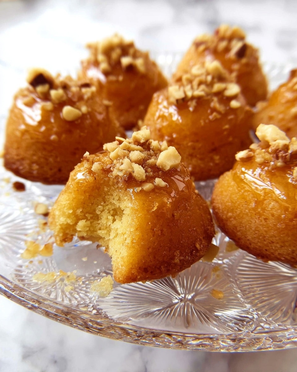 The image shows small, round golden-brown pastries placed on a clear, textured glass plate with a floral design. Each pastry is coated with a shiny honey glaze and topped with small pieces of crushed nuts. One pastry in the front is bitten, revealing a soft, crumbly, pale yellow interior. The background surface is a white marbled texture, creating a clean and bright setting. Photo taken with an iphone --ar 4:5 --v 7