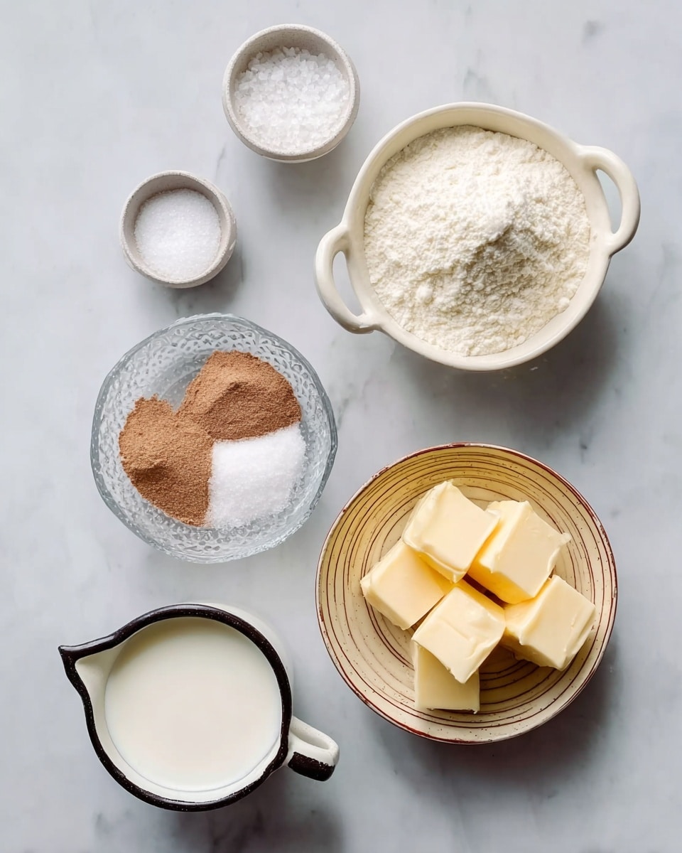 The image shows six containers of ingredients placed on a white marbled surface. From the top left corner, there is a small white bowl with coarse salt. Just below that, a white bowl holds a white powder, likely flour, with a slightly rough texture and two handles. To the right of the salt, there is a clear, textured glass bowl filled with granulated white sugar. Below the sugar, a white cup with a black handle contains a mix of cinnamon and sugar, showing a powdery texture and reddish-brown color. Centrally placed slightly to the right, a beige bowl with faint brown spiral patterns holds several cubes of yellow butter with smooth surfaces. At the bottom left, there is a clear glass bowl filled with a white liquid, likely milk. The containers are arranged with some space between them on the smooth white marbled surface. Photo taken with an iphone --ar 4:5 --v 7