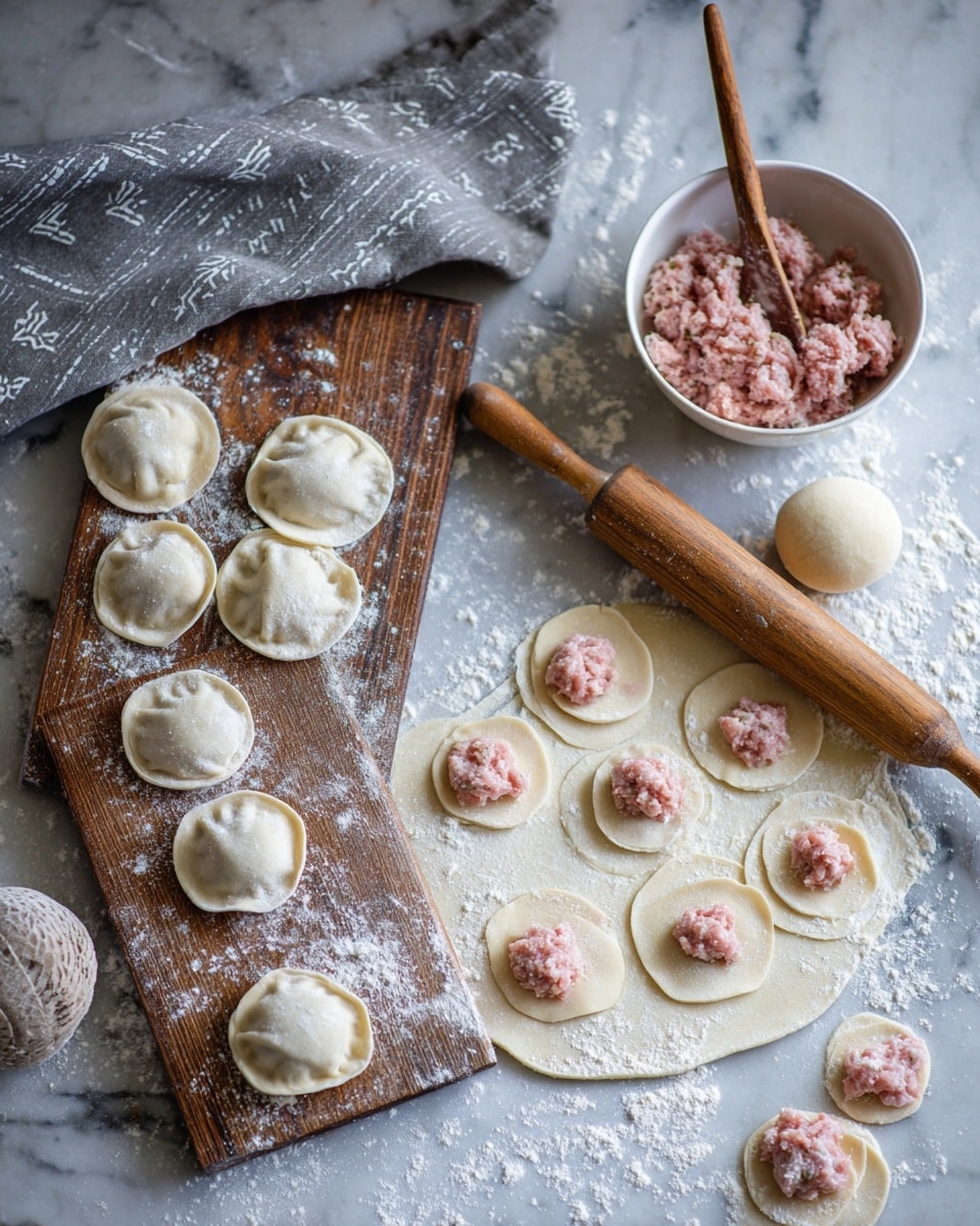 This image shows a cooking scene with small round dumplings in different states. On the left, there are two wooden boards with a total of fifteen folded dumplings, white and soft looking, dusted lightly with flour. To the right, some flat dough circles lie scattered on a white marbled surface, each topped with a scoop of pink raw meat filling. A wooden rolling pin rests nearby over one plain dough circle. Above, a white bowl filled with more of the pink meat filling sits next to a round ball of dough. A gray cloth with a simple pattern is folded in the upper left corner. The whole scene is covered with scattered white flour. photo taken with an iphone --ar 4:5 --v 7