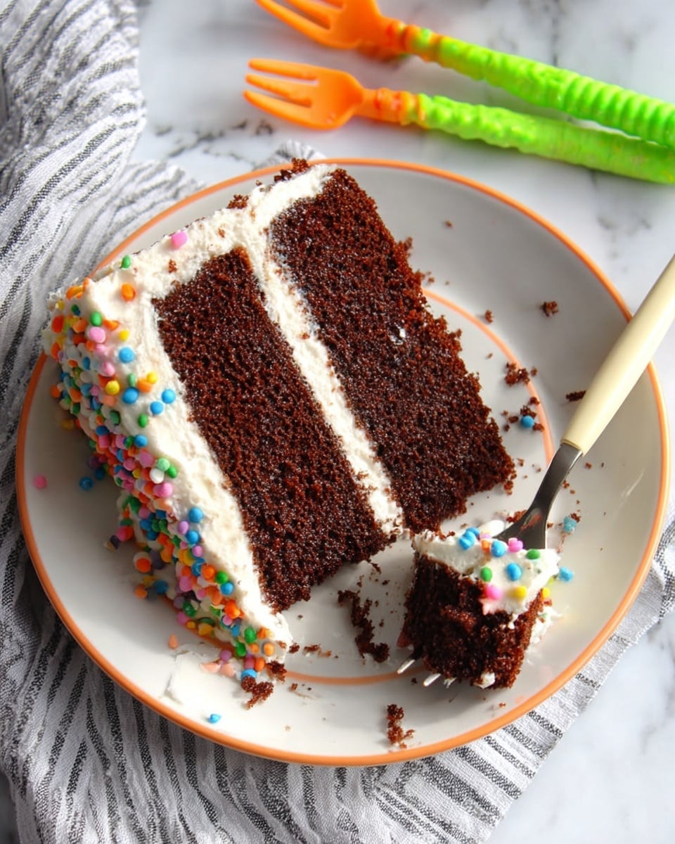 A round cake with one slice removed sits on a white plate on a white marbled surface. The cake has two layers of dark brown chocolate, separated by a thin light cream layer. The top is covered with white frosting and colorful sprinkles in red, orange, yellow, green, blue, pink, and purple, densely spread all over. Crumbs and a few sprinkles are scattered on the plate around the cake. Photo taken with an iphone --ar 4:5 --v 7