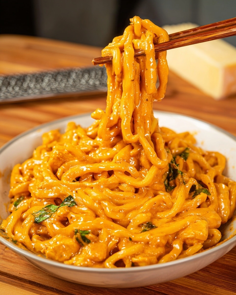 Thick noodles are covered in a rich, creamy orange sauce with a smooth texture and slight specks of seasoning. The noodles are lifted by a pair of wooden chopsticks, showing their soft and glossy surface. Below, the noodles rest on a layer mingled with small pieces of chicken and green herbs, creating a mix of colors—orange sauce, light brown chicken, and bright green leaves. The dish is served in a white bowl placed on a wooden surface, with a blurred background featuring a grater and a block of cheese. photo taken with an iphone --ar 4:5 --v 7