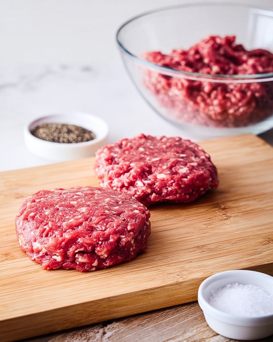 Two raw, red burger patties with bits of white fat are placed side by side on a light wooden chopping board. Behind them, a large clear glass bowl holds more raw ground meat. To the left, there is a small white bowl filled with black pepper, and to the right, a small white bowl with salt sits on the wooden surface. The scene is set on a white marbled textured surface. Photo taken with an iphone --ar 4:5 --v 7