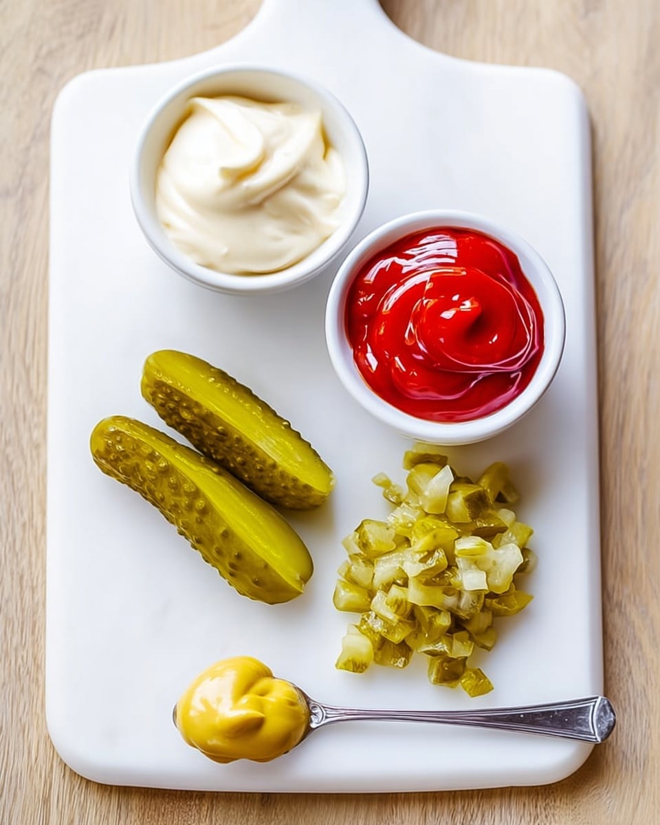 A white cutting board with a handle is placed on a white marbled surface, holding two small white bowls at the top; the left bowl is filled with thick white mayonnaise, and the right bowl holds bright red ketchup with a shiny texture. Below the bowls, two green pickles are sliced lengthwise, showing their bumpy texture and seeds inside. Next to them are many small, irregularly shaped chopped pickles that are a lighter green. On the bottom right corner, a silver spoon rests on the board with a dollop of smooth yellow mustard. Photo taken with an iphone --ar 4:5 --v 7