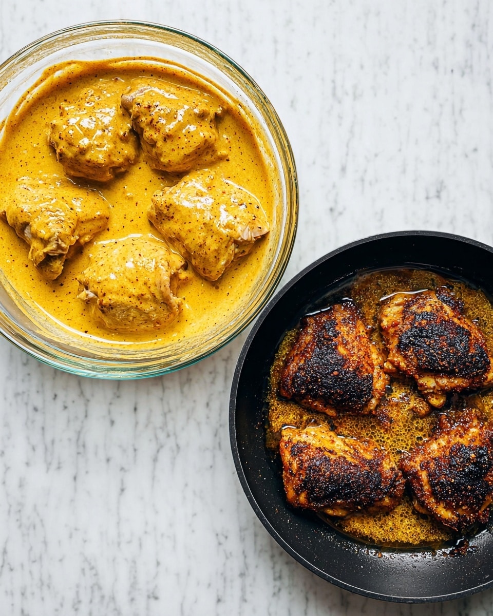 The image shows two dishes on a white marbled surface. On the left, there is a clear glass bowl filled with four pieces of raw chicken covered in a thick, creamy yellow-orange sauce with specks of black pepper, giving it a textured look. On the right, a black pan holds four cooked chicken thighs with a dark, crispy, and slightly charred crust, surrounded by sizzling oil and browned bits. The contrast between the smooth, creamy marinade in the bowl and the rough, crispy cooked chicken in the pan is clear. photo taken with an iphone --ar 4:5 --v 7
