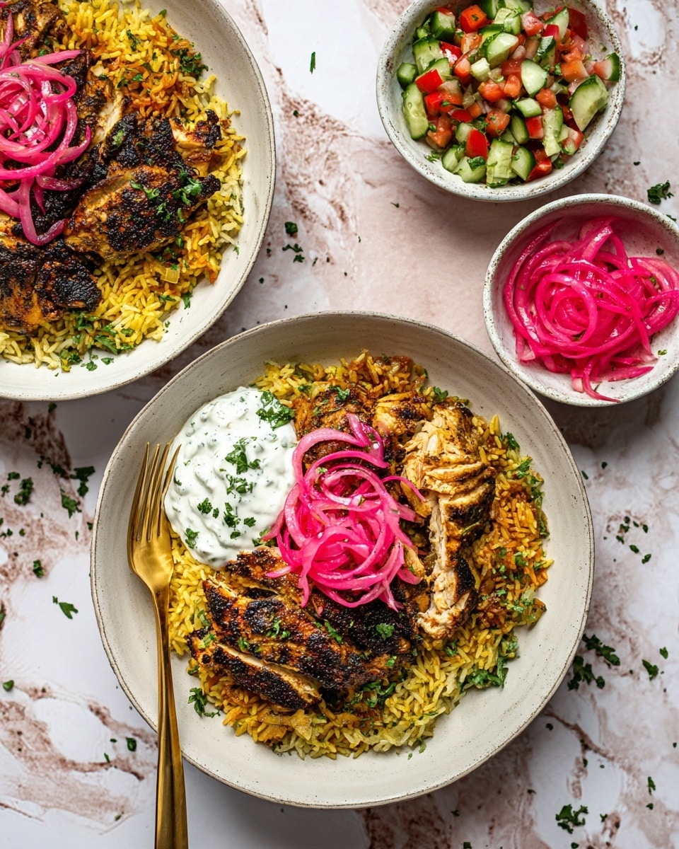 The image shows two white bowls each filled with three main layers: a base of yellow seasoned rice with a slightly oily texture, a layer of darkly grilled chicken with charred edges sitting on top of the rice, and several thin loops of bright pink pickled onions scattered over the chicken. On the side of both bowls, a dollop of creamy white sauce with green herb specks adds contrast. Next to the bowls is a small white bowl filled with a colorful salad of finely diced cucumber, red bell pepper, and red onion, and another small white bowl containing more bright pink pickled onions. The entire setup sits on a white marbled surface with some scattered green herbs around. A woman's hand gold fork rests inside the nearest bowl. photo taken with an iphone --ar 4:5 --v 7