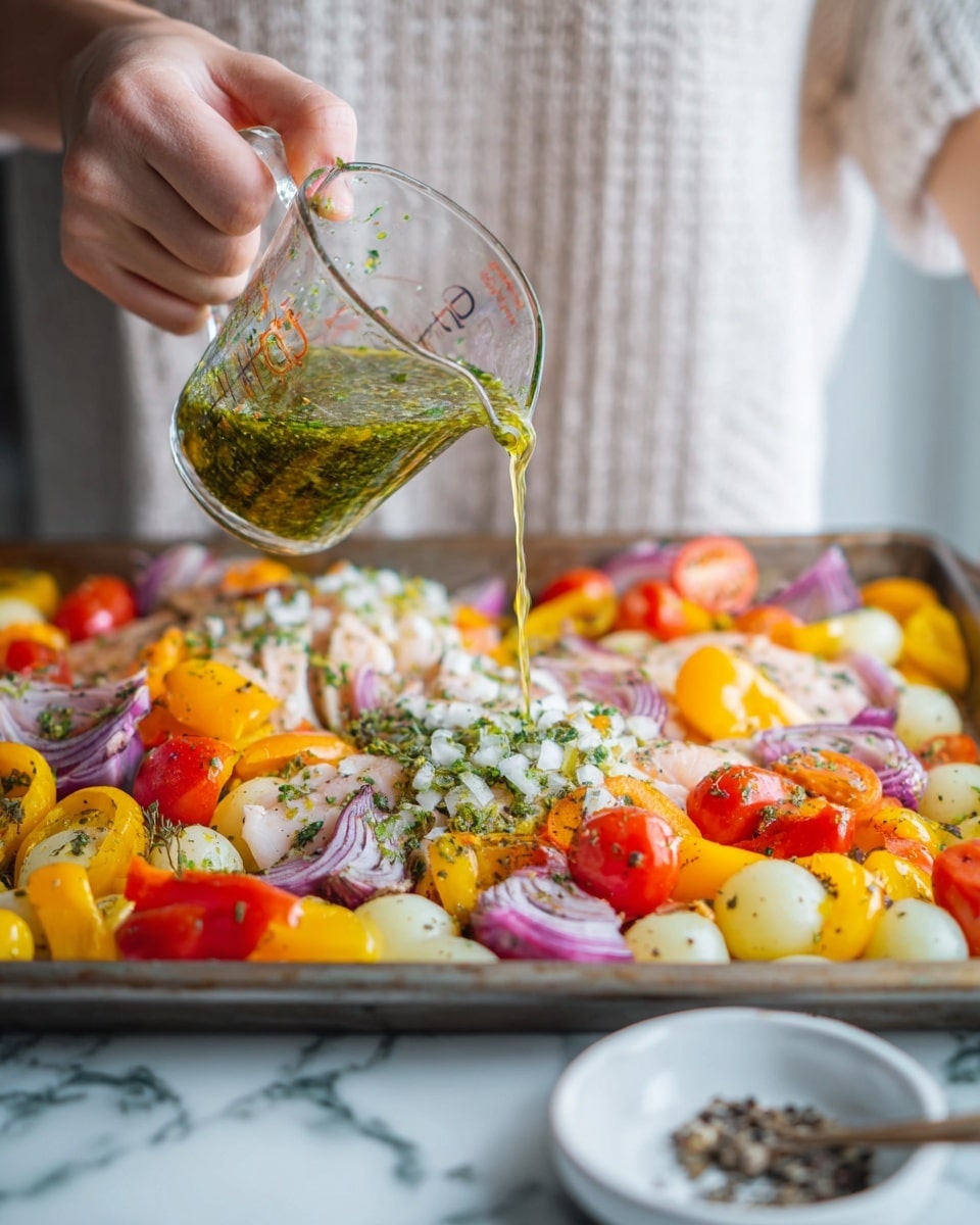 A scene shows a close-up of a woman's hand pouring a green herb and oil mixture from a clear glass measuring cup onto a baking tray filled with raw food. The tray has layered ingredients: the bottom layer is small yellow and white round potatoes, cherry tomatoes in red and yellow, and sliced bell peppers in orange and yellow. On top of these are thick slices of raw chicken and some purple onion wedges scattered around. The mixture being poured is thick and oily with visible chopped herbs and white bits, flowing gently over the ingredients. The tray sits on a white marbled surface with a small white dish holding black pepper near the front. The background is blurred with a person wearing a light-colored textured shirt. Photo taken with an iphone --ar 4:5 --v 7