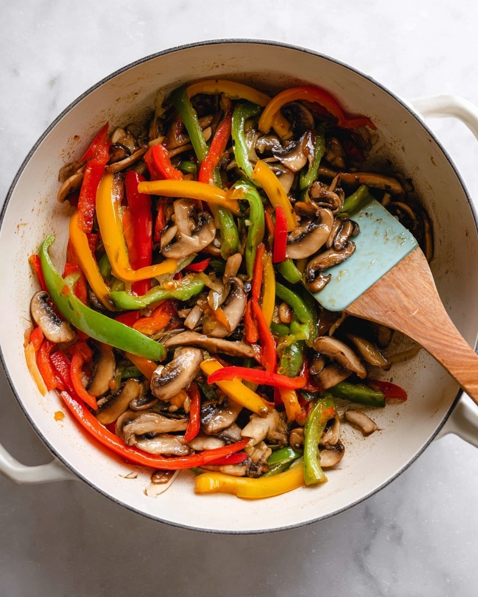 The image shows a white pot filled with stir-fried vegetables, including sliced mushrooms and thin strips of red, yellow, and green bell peppers. The mushrooms are brown with a soft, cooked texture, while the pepper strips are glossy and bright, showing slight softness from cooking. Inside the pot, a light blue spatula with a wooden handle rests on the right side, partly under the vegetables. The pot sits on a white marbled surface. photo taken with an iphone --ar 4:5 --v 7