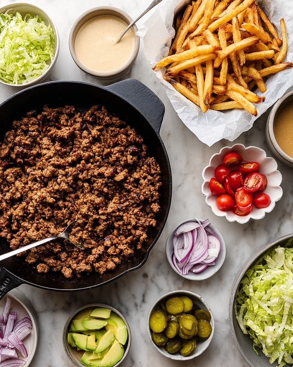 A black cast iron pan filled with cooked, crumbly browned meat sits on a white marbled surface. To the right, a white bowl lined with parchment paper holds golden, crispy French fries. Below the fries, there are small bowls arranged in a cluster: a round white bowl with creamy light brown sauce and a spoon inside, a small white scalloped bowl with green pickle slices, a small bowl with bright red halved cherry tomatoes, a white bowl with shredded light green lettuce, a small white bowl with sliced pale purple onions, and a round ceramic plate holding sliced green avocado. Two empty gray bowls are stacked on the white marbled surface near the pan. The photo taken with an iphone --ar 4:5 --v 7