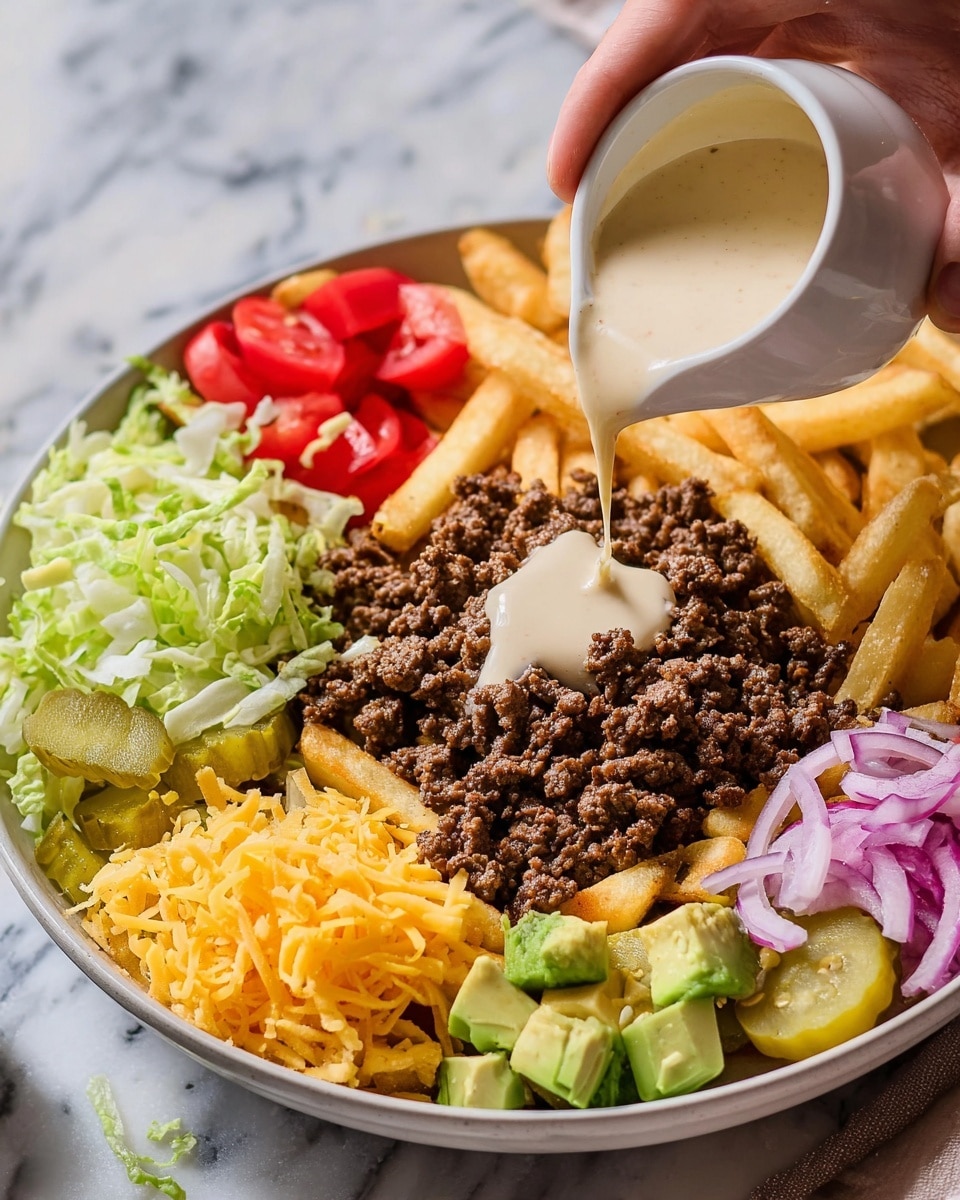 A white bowl holds a layered dish starting with a base of golden-brown fries. On top of the fries is a layer of cooked ground beef with a crumbly texture and dark brown color. A creamy light beige sauce is being poured over the beef from a small white cup held by a woman's hand. Around the beef and fries, there are fresh shredded green lettuce on the left, slices of crinkled pickle with a greenish yellow tone, bright orange shredded cheese, small red cherry tomato halves, finely sliced purple onions, and chunks of green avocado, all placed neatly and evenly spaced around the bowl. The bowl is set on a white marbled surface. photo taken with an iphone --ar 4:5 --v 7