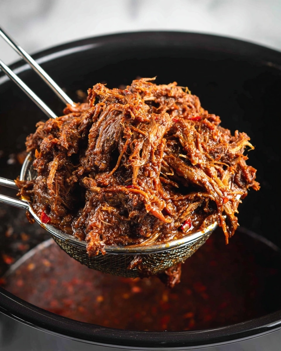 The image shows a close-up of shredded meat coated in a dark reddish-brown sauce with visible small bits of red pepper and spices. The meat looks tender and fibrous, piled thickly on a metal wire strainer that is held above a sleek black cooking pot. The background surface has a white marbled texture, highlighting the rich colors of the meat and sauce. photo taken with an iphone --ar 4:5 --v 7