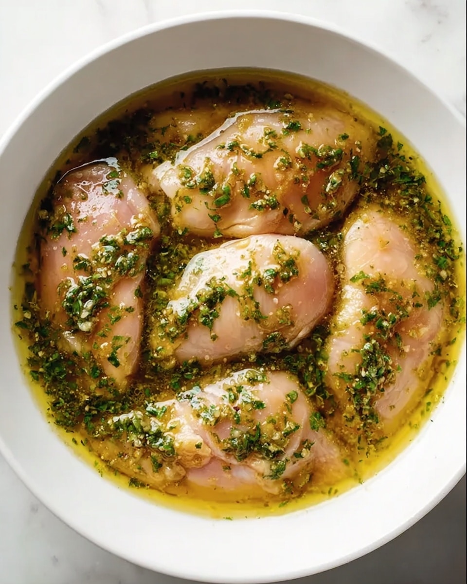 A white bowl filled with four pieces of raw light pink chicken submerged in a shiny, golden-brown marinade mixed with chopped green herbs evenly spread on top and around the chicken. The marinade has a slightly oily surface texture that glistens under soft lighting, pooling in the bottom of the bowl, which sits on a white marbled surface. The herbs create small, scattered clusters that add texture and color contrast to the smooth, glossy chicken flesh. Photo taken with an iphone --ar 4:5 --v 7