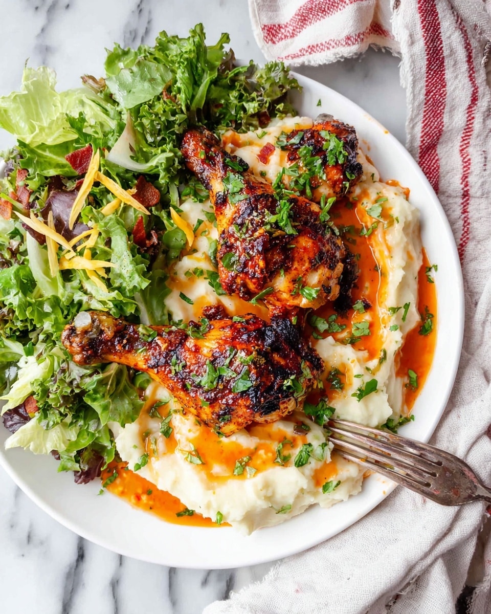 A white round plate holds a bed of creamy, smooth mashed potatoes with some orange sauce drizzled on top and around the sides; on top of the mashed potatoes are two grilled drumsticks with a charred, spicy seasoning and sprinkled green herbs. Surrounding the mashed potatoes is a fresh green salad with different types of lettuce, some bacon bits, and thin yellow vegetable strips. A fork sticks into the mashed potatoes next to the drumsticks. The plate is set on a white marbled surface with a cloth napkin partially visible underneath. photo taken with an iphone --ar 4:5 --v 7