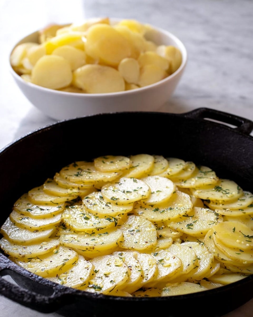 A close-up view of a black cast iron pan filled with thin, overlapping slices of yellow potatoes arranged in flat layers, seasoned with small green herb flakes and black pepper. Behind the pan, there is a white bowl full of more sliced raw potatoes, all layers uniformly pale yellow with smooth surfaces. The scene is set on a white marbled textured surface that contrasts with the dark pan and light potatoes. Photo taken with an iphone --ar 4:5 --v 7