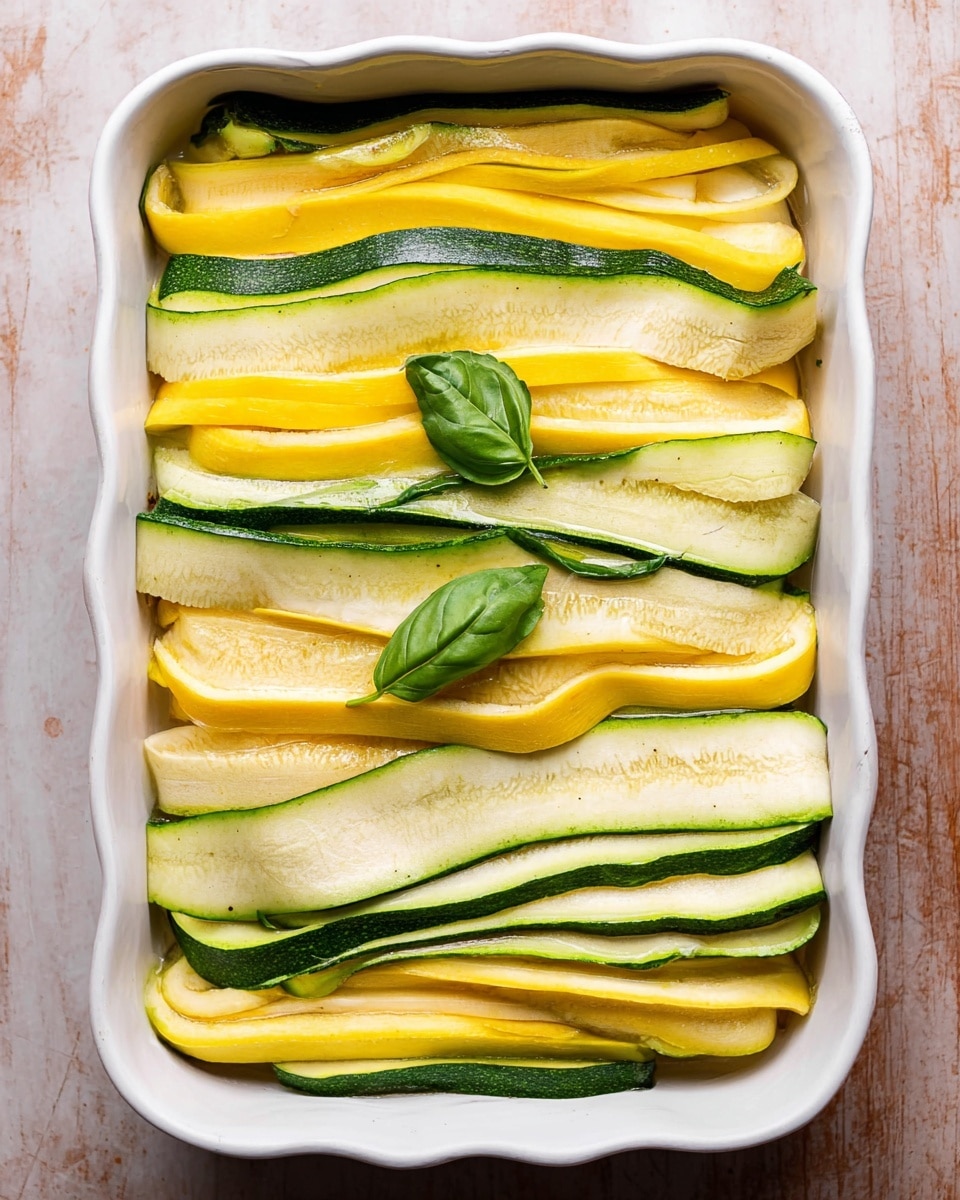 A white rectangular dish layered with thin long slices of yellow and green zucchini, arranged closely side by side horizontally, covering the entire top surface. The zucchinis have a fresh, smooth texture with visible seeds and a light natural shine. In the middle on top, there are two small green basil leaves adding a pop of color. The dish is set on a white marbled texture background. photo taken with an iphone --ar 4:5 --v 7