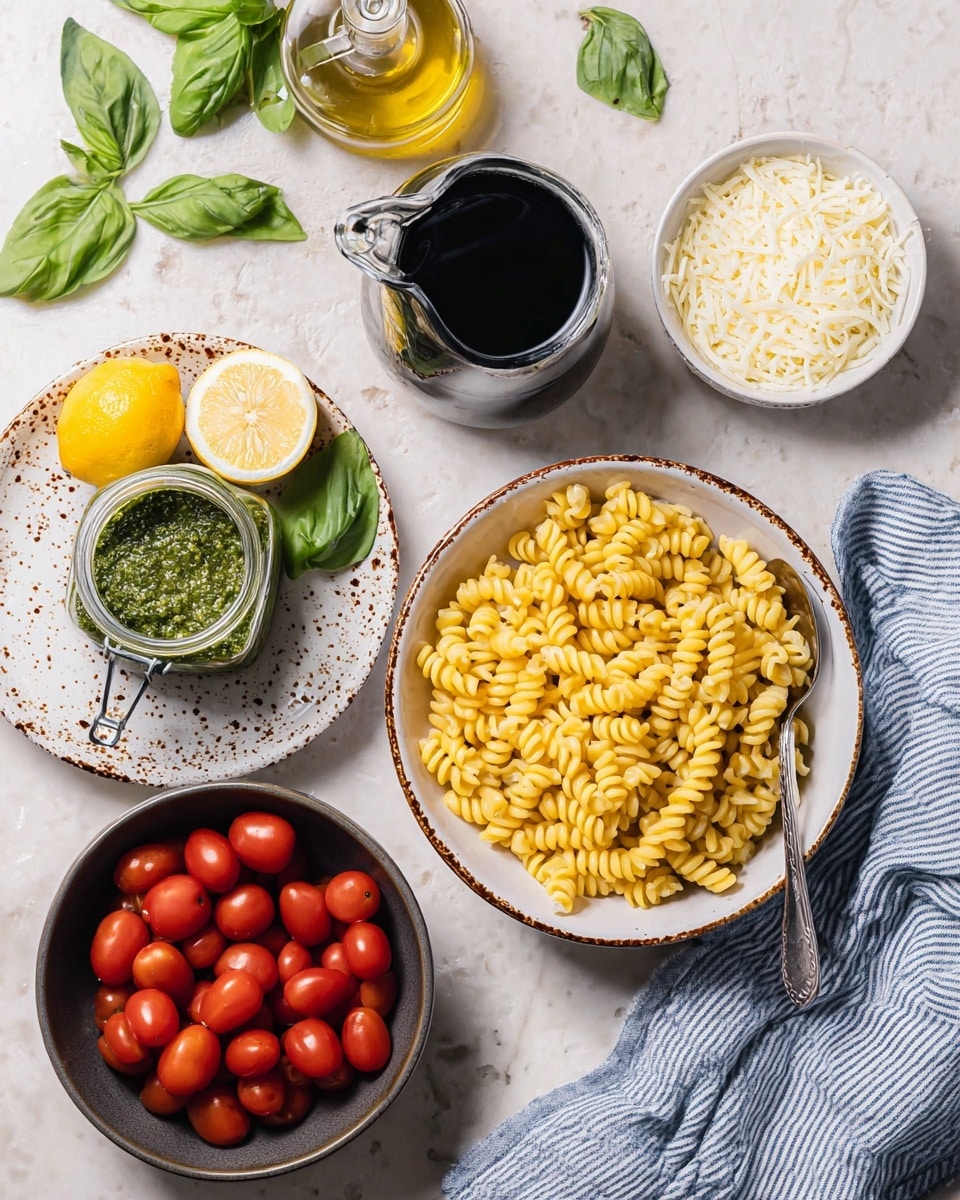 The image shows several ingredients arranged on a white marbled surface. In the center, there is a white bowl with a brown rim filled with yellow twisted pasta. To the bottom left, a dark bowl holds bright red cherry tomatoes. Above it, a white plate with brown speckled edges contains a small glass jar of green pesto with a metal clasp, two lemon halves, and a spoon resting on the plate with some green basil leaves nearby. To the right of the pasta bowl, a small white bowl is filled with shredded white cheese, next to a blue and white striped cloth. Above these, a small glass pitcher holds dark balsamic vinegar, and behind it is a bottle of olive oil. A few scattered basil leaves add a fresh green touch. Photo taken with an iphone --ar 4:5 --v 7