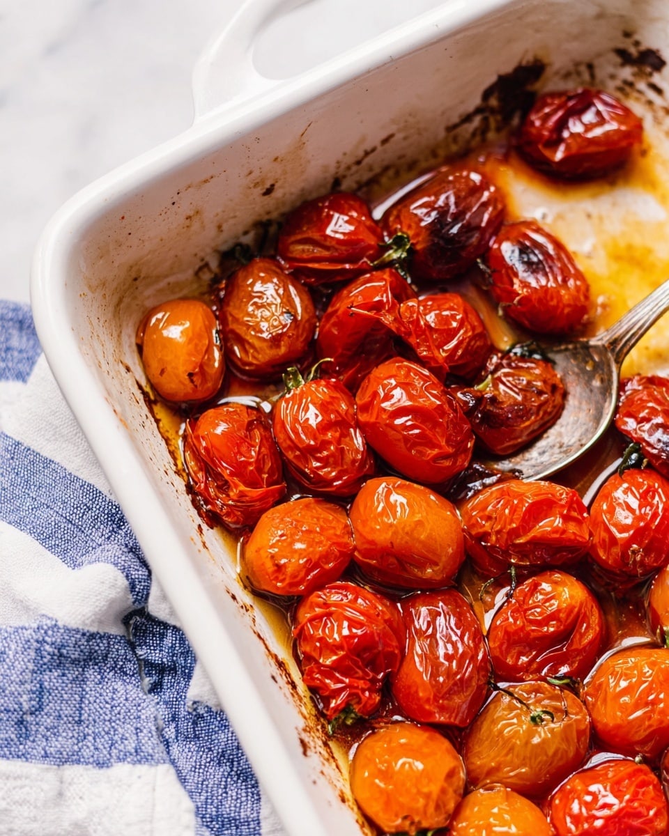 A close-up image showing one layer of roasted cherry and grape tomatoes sitting inside a white rectangular baking dish with slightly browned edges. The tomatoes are wrinkled and shiny with a mix of deep red and orange colors, covered in glistening oil. A silver spoon rests among the tomatoes on the right side of the dish. The dish is placed on a white marbled surface with a blue and white striped cloth underneath. photo taken with an iphone --ar 4:5 --v 7