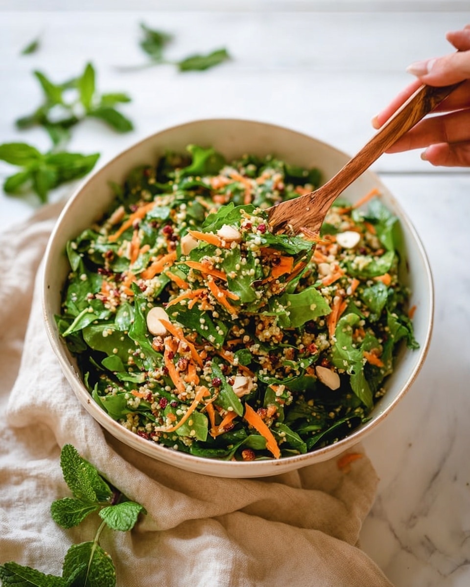 A white bowl filled with a green salad made of fresh arugula leaves mixed with light orange shredded carrots and small white quinoa grains scattered evenly. There are chopped nuts in light brown and creamy white colors adding a crunchy texture, visible throughout the salad. A woman's hand holds a wooden fork lifting a bite of the salad, showing a mix of all ingredients clearly. The background is a white marbled surface with a light beige cloth and some green mint leaves placed around the bowl. Photo taken with an iphone --ar 4:5 --v 7