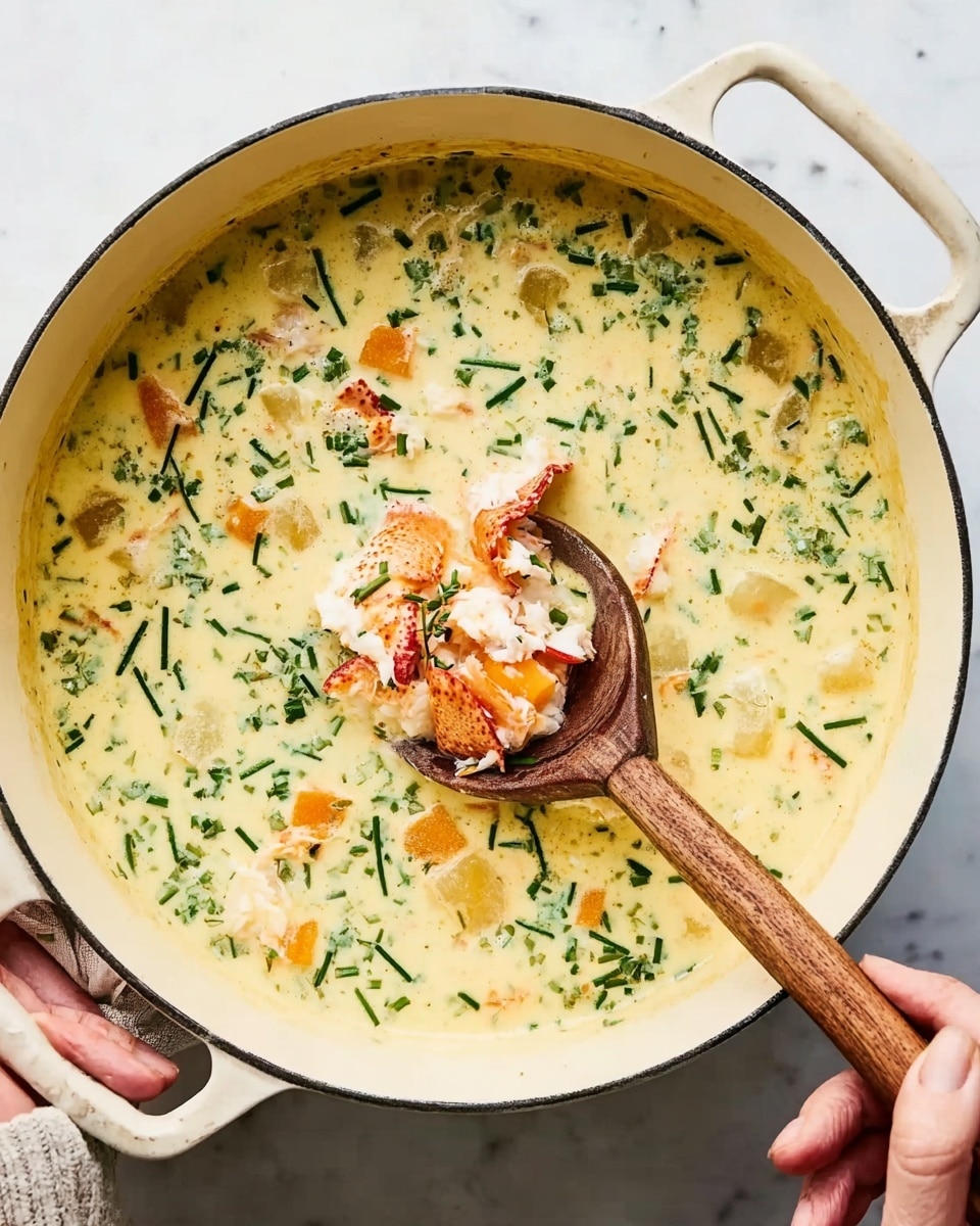 A large white pot filled with creamy soup, the surface showing a light yellow color mixed with green herbs spread evenly. In the center, a wooden spoon scoops up chunks of orange carrots, white potato pieces, and red lobster meat, all mixed with the cream base and some green herb bits. A woman's hand holds the pot handle on the left side, and the wooden spoon is held by another woman's hand on the right. The background is a white marbled texture. photo taken with an iphone --ar 4:5 --v 7