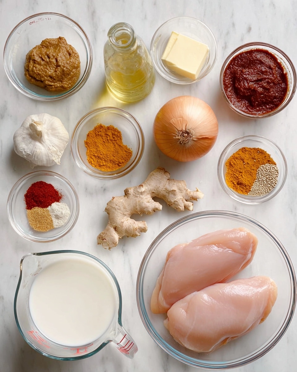 The image shows a clean white marbled surface with several small transparent glass bowls arranged neatly. There are three raw chicken breasts on the right in a clear bowl with a smooth pale pink color. Near them are two bowls containing thick pastes, one a dark red and the other a brown spice paste. Above that is a small bowl with a pale yellow cube of butter and next to it, a clear bottle with light yellow oil. In the center is a whole shiny light brown onion. Around the onion are small bowls with powdered spices in deep orange, a mix of colorful spices, and fresh light brown ginger root pieces along with three garlic cloves. On the bottom left is a glass measuring cup filled with white coconut milk. The arrangement is tidy, with each ingredient clearly visible and placed on the white marbled surface photo taken with an iphone --ar 4:5 --v 7