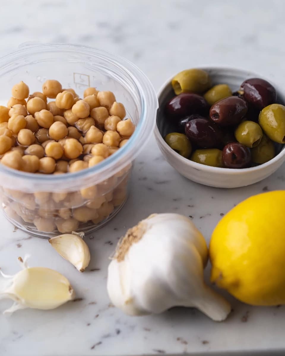 A clear container filled with light brown chickpeas soaking in water sits on the left side of a white marbled surface. To its right, there is a whole white garlic bulb with one peeled garlic clove below it. Behind the garlic, a white small bowl holds a mix of green and dark purple olives. On the far right, a whole yellow lemon rests on the white marbled surface. The angle is close and focused on the ingredients. Photo taken with an iphone --ar 4:5 --v 7
