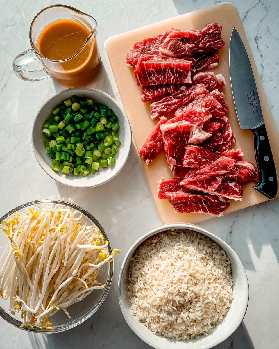 The image shows a white marbled surface with several ingredients arranged neatly. At the top right, there is a cutting board holding several thin strips of raw red meat marbled with white fat, and a chef’s knife with a black handle sits on the right side of the board. To the left of the board, there is a small white bowl filled with chopped green onions. Below the bowl, a clear glass bowl contains long white bean sprouts with yellow tips. Next to the bowls on the bottom left is a glass jug with an orange-brown sauce inside. On the bottom right, there is a white bowl filled with plain cooked rice. All elements are well-lit with bright natural light, and everything is placed on a clean white marbled surface photo taken with an iphone --ar 4:5 --v 7