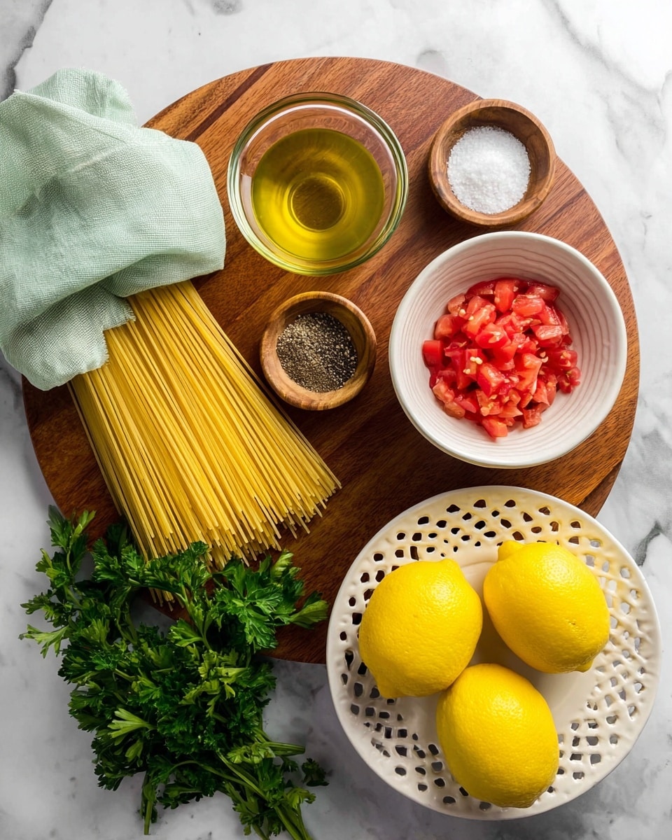 A wooden board on a white marbled surface holds several cooking ingredients arranged neatly: on the left, uncooked spaghetti pasta wrapped partly in a light green cloth, next to a small clear glass bowl filled with golden olive oil; above this is a small wooden bowl with white salt and black pepper; next to it, a white bowl with a dotted texture is filled with small diced red tomatoes; on the right side of the board, bright green parsley sprigs lay loose; in the bottom right, a white plate with a cut-out pattern edge holds four bright yellow lemons. photo taken with an iphone --ar 4:5 --v 7