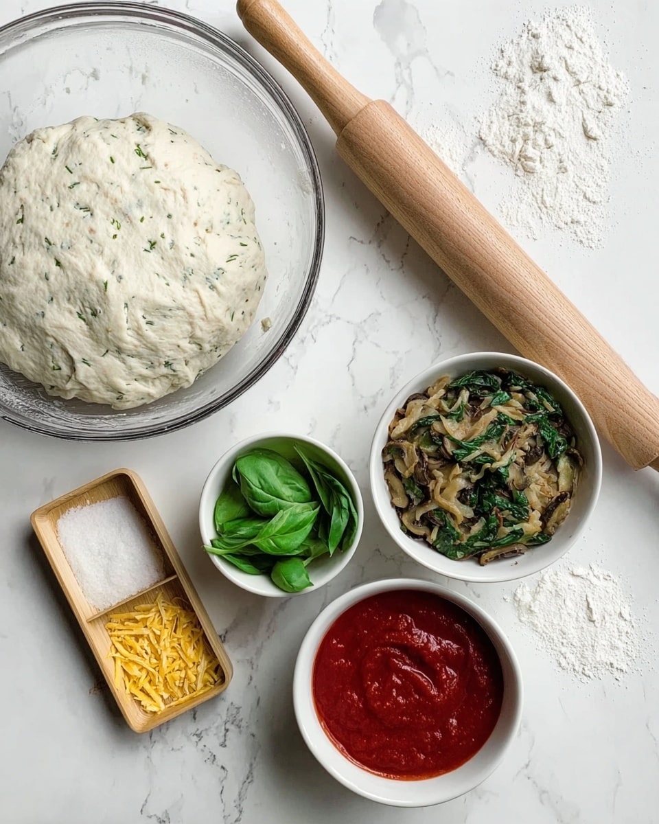 The image shows a top view of a white marbled surface with a clear glass bowl on the top left containing white dough with visible herbs mixed in. Below the bowl is a light wooden rolling pin positioned diagonally. To the right of the rolling pin is a small white bowl filled with cooked onions and spinach, with a soft texture and brown and green colors mixed. Above this bowl are three small containers: one white bowl with bright green fresh basil leaves, a white bowl of smooth red tomato sauce, and a small wooden square dish holding yellow flakes. The setting suggests preparations for making a flavored pizza or flatbread. Photo taken with an iphone --ar 4:5 --v 7
